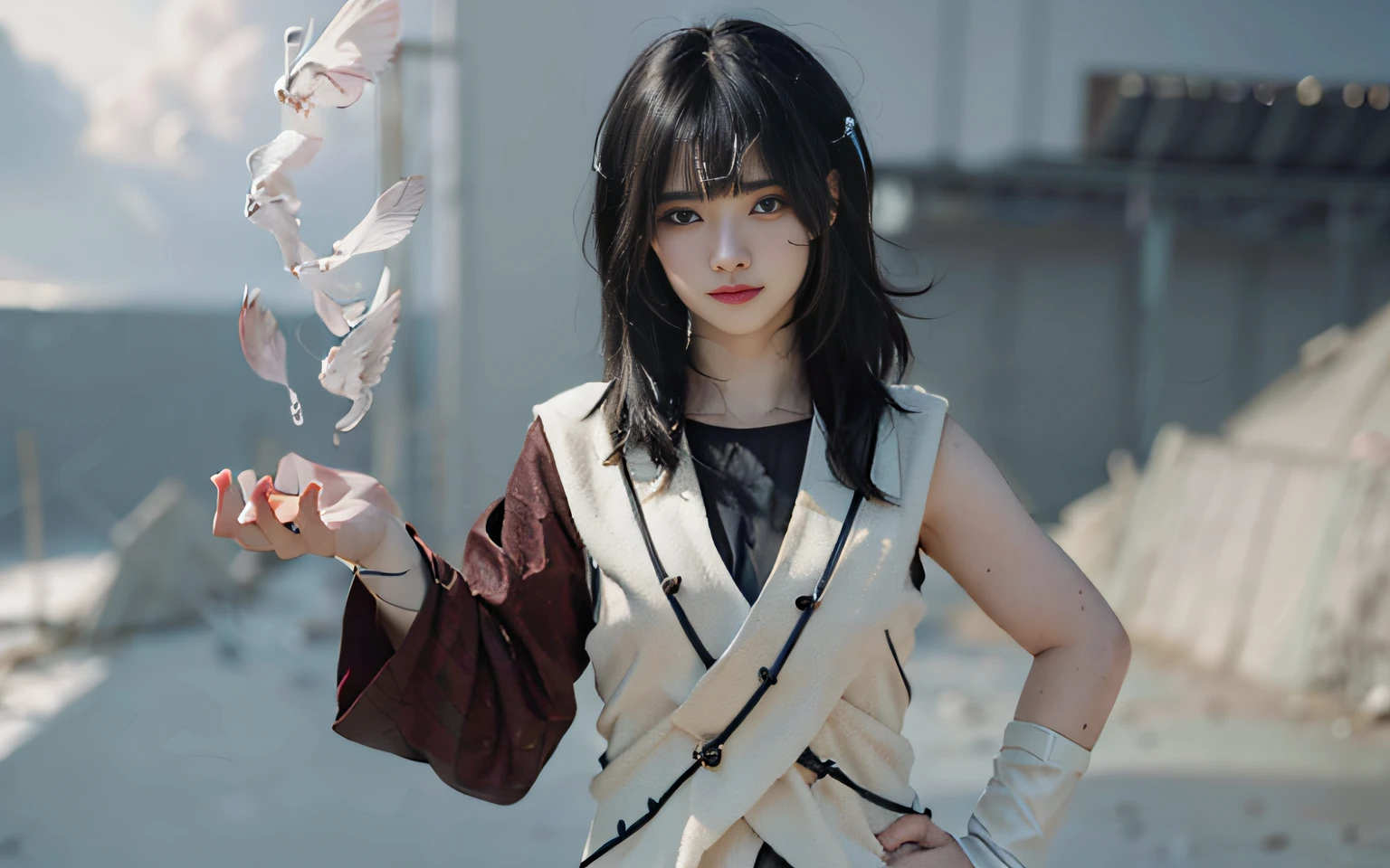 Black hair, hair bobbles, wince, long eyelasher, solid circle eyes, Light smile, Ear blush, Fang, surrealism, shadowing, anaglyph, stereograms, tachi-e, angle of view, Atmospheric perspective, 8K, Super detail, ccurate, Best quality, Award-Awarded, Super detail, Anatomically correct, hyper HD, retinas, Textured skin, Masterpiece, ccurate, High details, High quality, Best quality, A high resolution, 16k，Naruto Sunset Red，red pupils