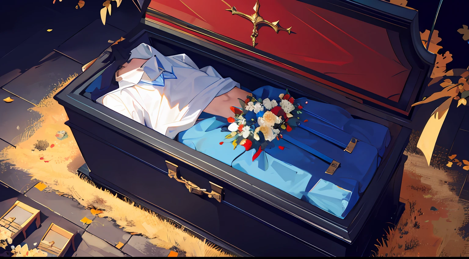 of a guy，casket，dead body