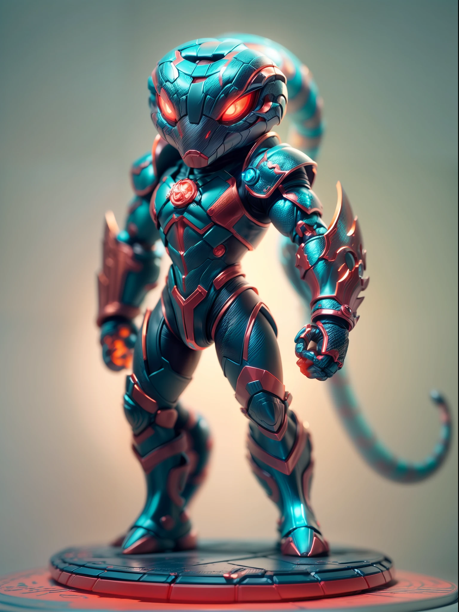 (Blind box toy style:1.3),((Full body shot))(anthropomorphism) , (1 strong snake metal warrior)(((solo))) metal armor,dreamy glow, Clean dark background,Red cyan style,(circular base)( Global illumination, Ray tracing, hdr, unreal render,reasonable design, high detail, Masterpiece, Best quality, hyper HD, Cinematic lighting)