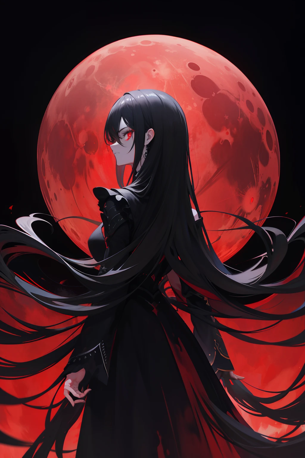 Blood Moon,cabelos preto e longos,black long dress,Back Shadow ,surrealism, anaglyph, stereograms, tachi-e, Atmospheric perspective, Action painting, in a panoramic view, 8K, Super detail, ccurate, Best quality, hyper HD, Textured skin, High details, High quality