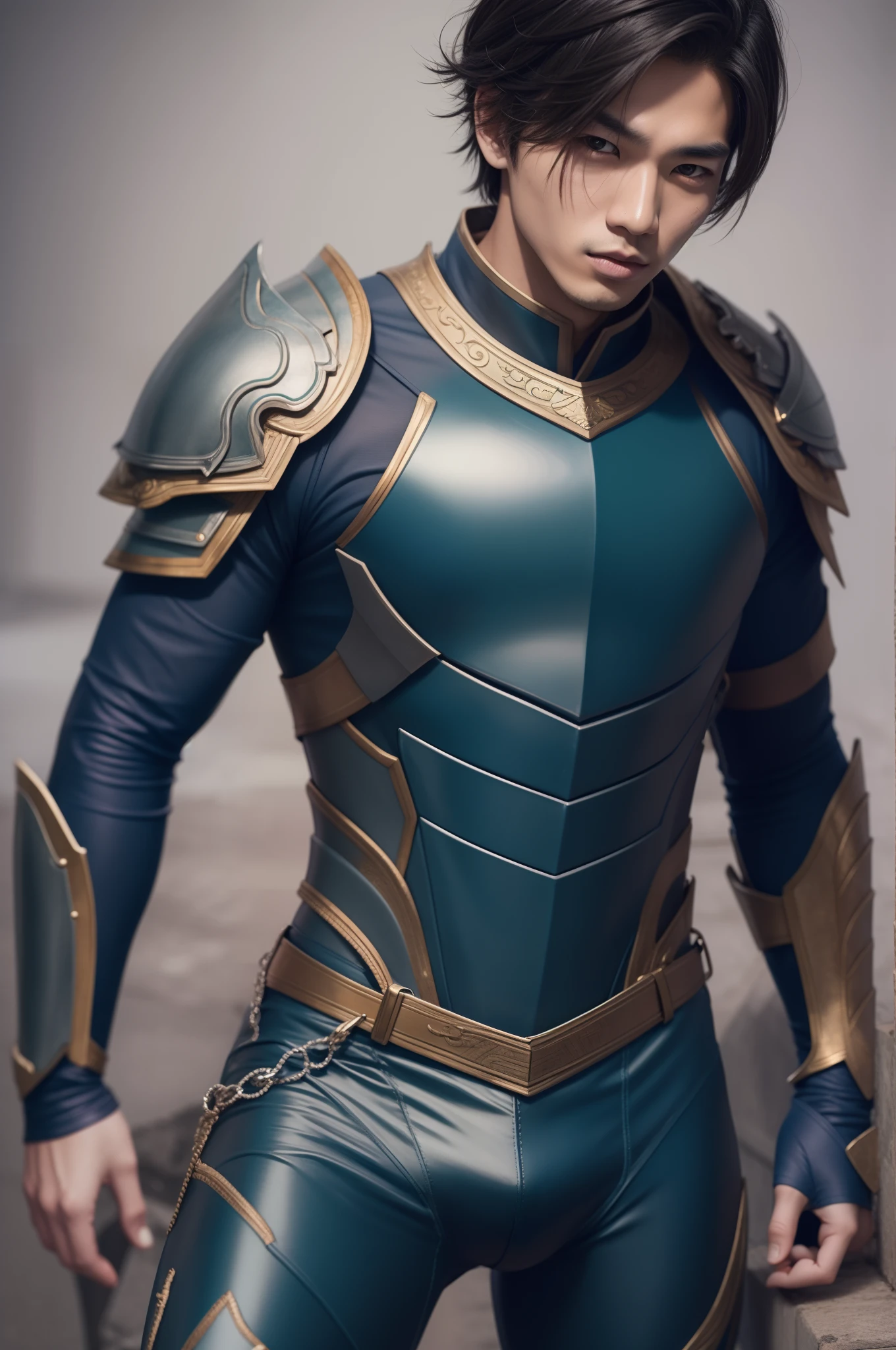 cool guy,23years old,Asian people,Works of masters,Best image quality,Higher quality,high detal,超高分辨率,8K分辨率,Exquisite facial features,,emaciated,Glowing eyes,short detailed hair,Hair details, ,[[Look away,Look to the side,Emphasize homosexuality and pay attention to every detail ,Open the blue armor,Blue rubber pants((((Bulging crotch)))))