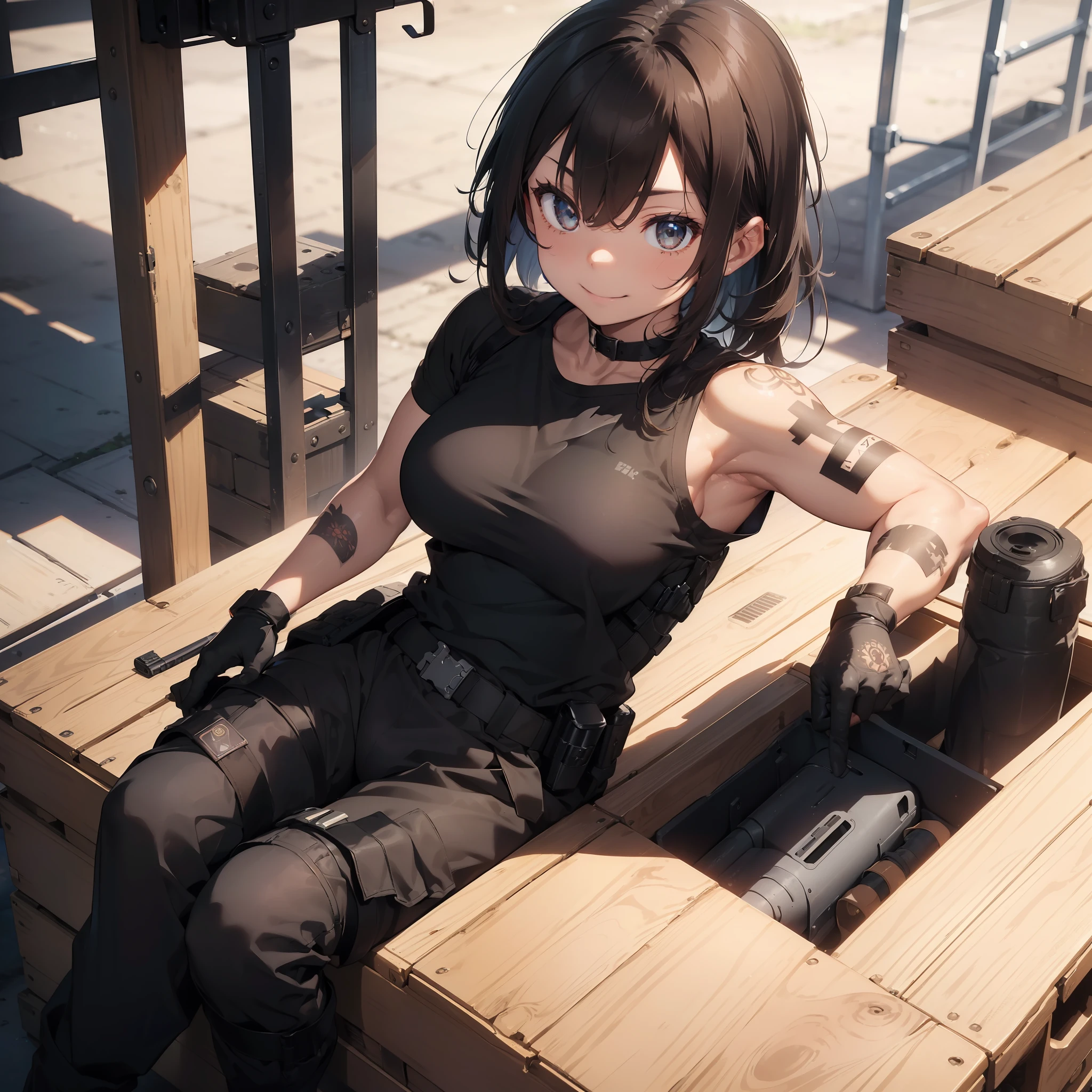 sexy girl,(tan colored bulletproof vest with many pouches),(dark brown eyes),in the barracks,soldiers in the background,(medium breast,ultra quality,(black military cargo pants),(black ballistic gloves),(watch on wrist),(dark brown hair),sitting on a crate,looking at viewer,(gun holster strapped to the left thigh),big thighs,(knee pads),(black t-shirt),(medium hair),(tattoos sleeves),ultra detailed eyes,perfect anatomy,she is crossing her arms,selfie,smiling,