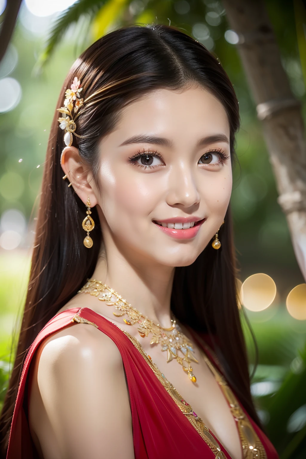 (8K分辨率,Photos above the legs),(Multiple women,20yr old,(Facial features of Thai Min:1.8,Thin skeletal cheeks,s delicate face),com rosto detalhado,Lovely face,com rosto detalhado,详细的脸,Ultra-fine makeup,Black colored eyes,(looking to the camera),Long dark red hair,(Messy has layers),Redlip,Fair smooth skin,(Best Skin Type:1.21),mediuml breasts,((Ancient Thai women's clothing,Delicate shawl straps,Luxury ladies' tube dresses),A small number of flower hairpins,Luxury necklaces and bracelets),Tall and tall,perfect hand,Ultra-fine clothing material),(party,banquet,tropical trees,Exquisite environmental details),(exhilarated,confident smile,Rejoice,intimacy),(profesional lighting,动态照明),((Strong color contrast,Noble and sexy,vivaciousness,rays of sunshine(golden colored,red colour,In pink))),(Golden section,Cinema lenses,Dynamic shots,Hasselblad photograp,tmasterpiece:1.3),(adolable,rays of sunshine,vivaciousness,mistic,noble,Fashionab,trendsetting,folkloric,Artis,Art platform)