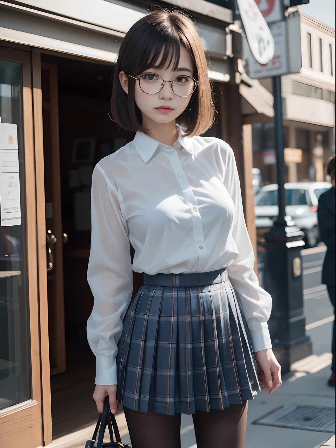 (Long bob cut),(Underwear is visible),(8K、Raw photography、top-quality、masterpiece:1.2),pigeon chest,glamor,Chromo-white skin,cocky,School,watching at viewers,Looking at the front,Muchimuchi,High-pitched clothing,Erotic,Pupils,de pele branca,kne,((Black pantyhose)),absurderes,a small face,,Forehead visible,Bangs hanging from the left and right sides of the forehead,(a cold expression,Tight eyes,glares,Bullish,irate)、masterpiece,top-quality、超A high resolution,Raw photo,ren,Beautiful fece,One Person, 独奏,eye glass,,Dark look,Small breasts,fullllbody,Round glasses,JK school uniform,hi-school girl,A Japanese Lady,is standing,(Photorealsitic:1.37)、Photon mapping,Realistic、Beautie,Cute little face,Brown-eyed、Black socks、(Red bow tie)、Radio City、Physically Based Rendering、depth of fields、Blurry background、a picture,Body,beauty legs, Long legs, Thin leg,(Bangs are visible), hair, s lips, Blue_The eye, nosesoft,(Light blue shirt), (Navy and blue and white plaid pleated skirt), Knees are visible,Sheer clothing,, Thigh, Black cotton socks,Nogizaka Idol, 女優, Japanese ido