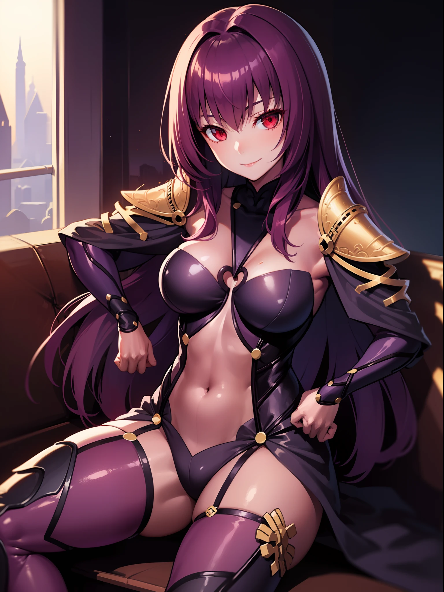 masterpiece, best quality,1girl,solo, scathach \(fate\),purple hair,red eyes, armor,large breasts, shoulder armor, bodysuit,sitting,smile