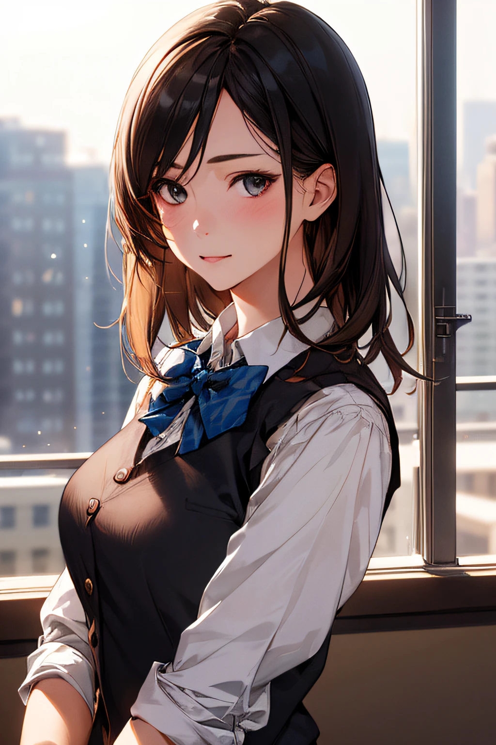 1girl, matured female, vest, bow, best quality, hires, detailed face, office, buildings from window, detailed background, diffused sunlight, depth of field, bokeh