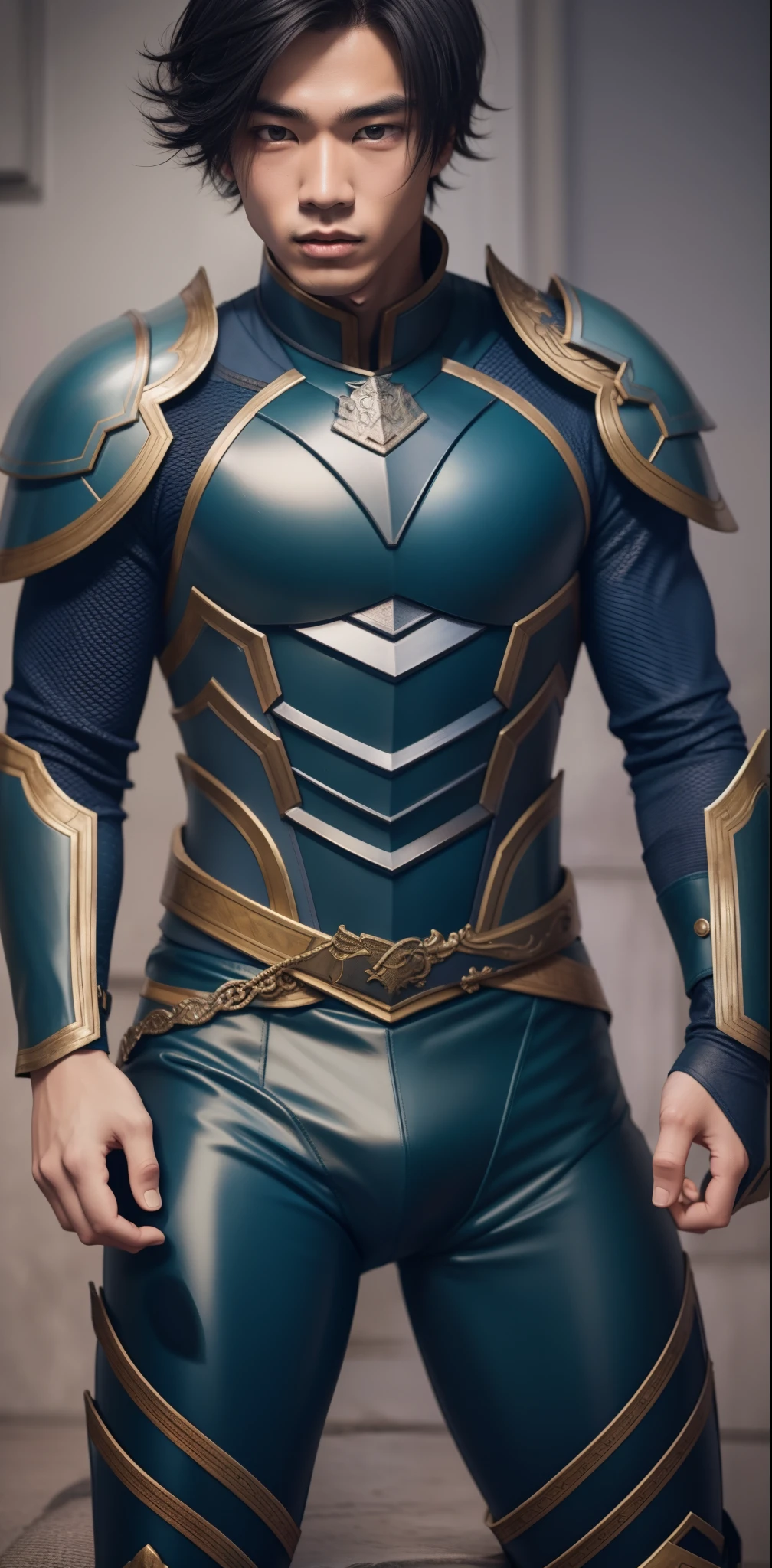 cool guy,23years old,Asian people,Works of masters,Best image quality,Higher quality,high detal,超高分辨率,8K分辨率,Exquisite facial features,,emaciated,Glowing eyes,short detailed hair,Hair details, ,[[Look away,Look to the side,Emphasize homosexuality and pay attention to every detail ,Open the blue armor,Blue rubber pants((((Bulging crotch)))))