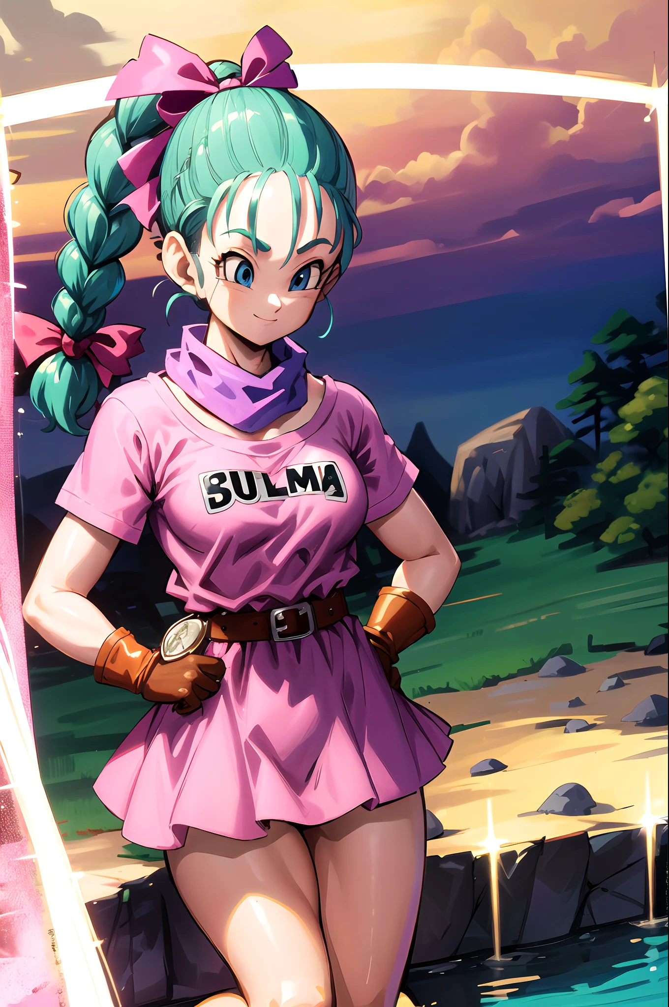 obra maestra, mejor calidad, highres, Dragon Ball, blmpony, Aqua Hair, Hair Ribbon, Braided Ponytail, Pink Shirt, Belt, Scarf, Pink Skirt, Clothes Writing, Brown Gloves, Medium Breasts, Outdoors, Cowboy Shot, Agitando, Smile, ((no panties)), show legs, open legs