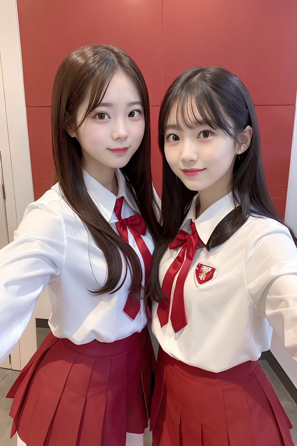 Two women in school uniforms pose for a group photo in front of the red wall, red velvet, inspired by Yanjun Cheng, JK school uniform, jaeyeon nam, wearing white clothes, Two Japanese female students pose for a group photo, with a twin, Bigchest, white red, beautiful gemini twins portrait, in school uniform, seifuku, Official artwork, Red Uniform, White uniform