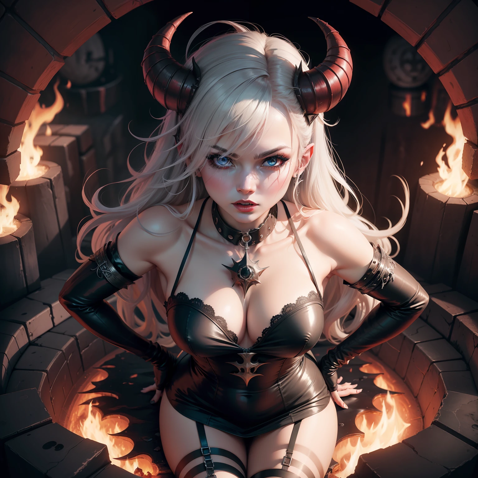 Miss chaos, with horns, in hell, fully clothed