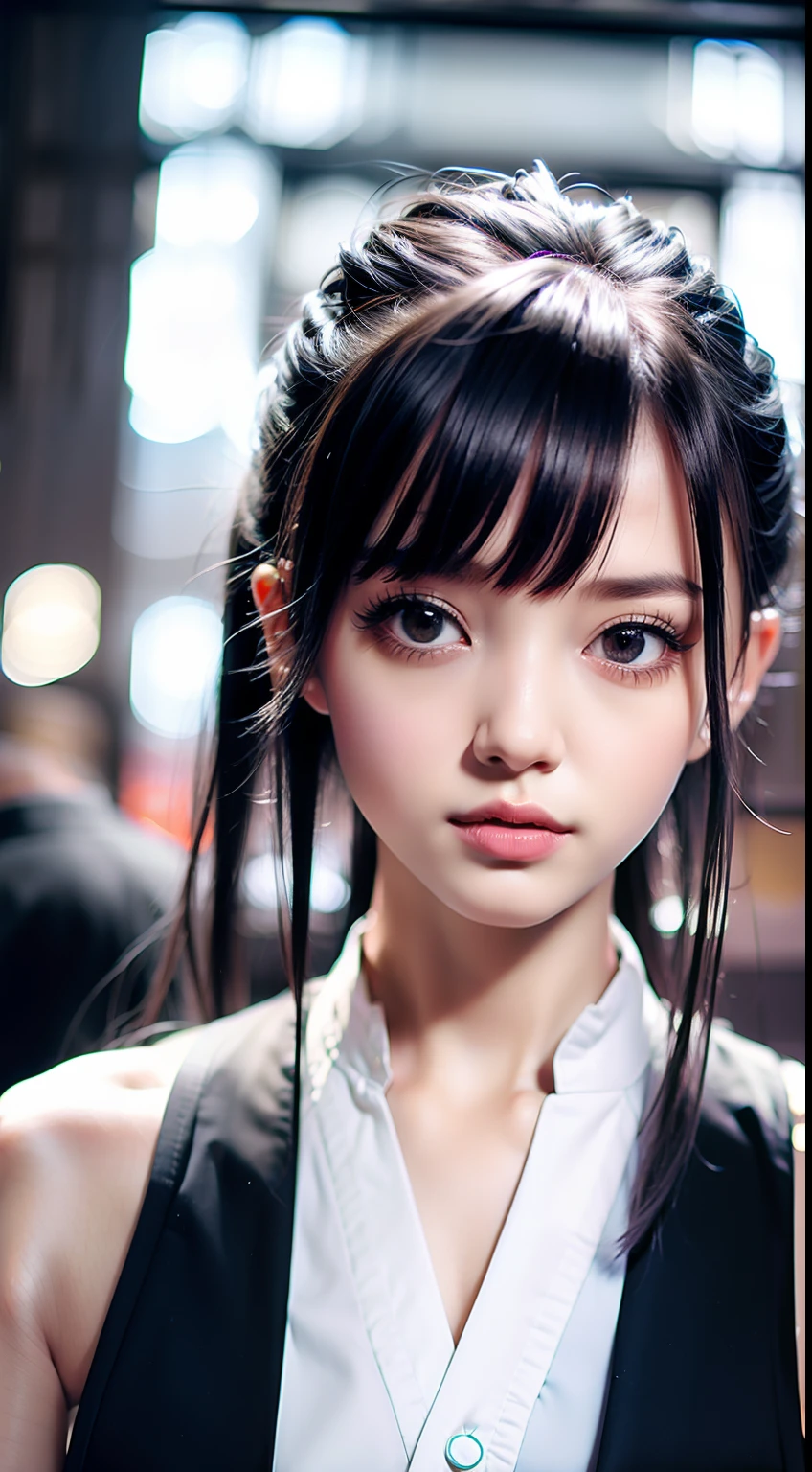 ,warery ,shirtless, black hair, black eyes, open mouth, sticking out tongue, milky breasts, hooks,white skin,body,show cunt