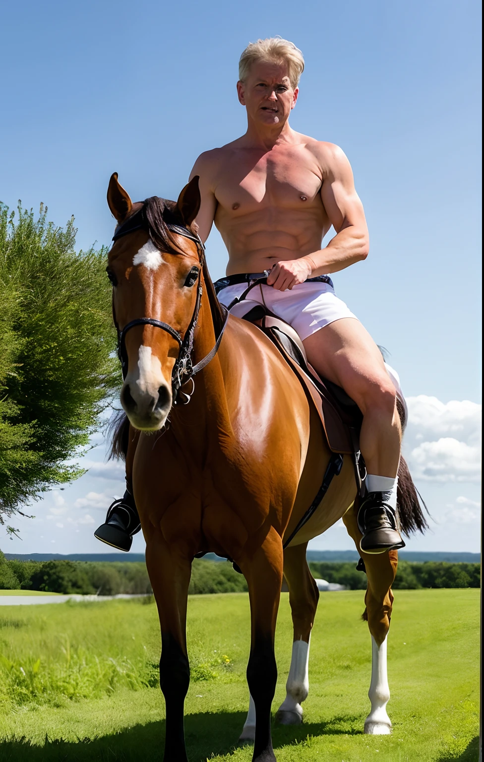 Delicate,Masterpiece, finely detailed, Intricate details, Extremely realistic, 1boy,Muscular, Topless, Prairie scenery, ride horse