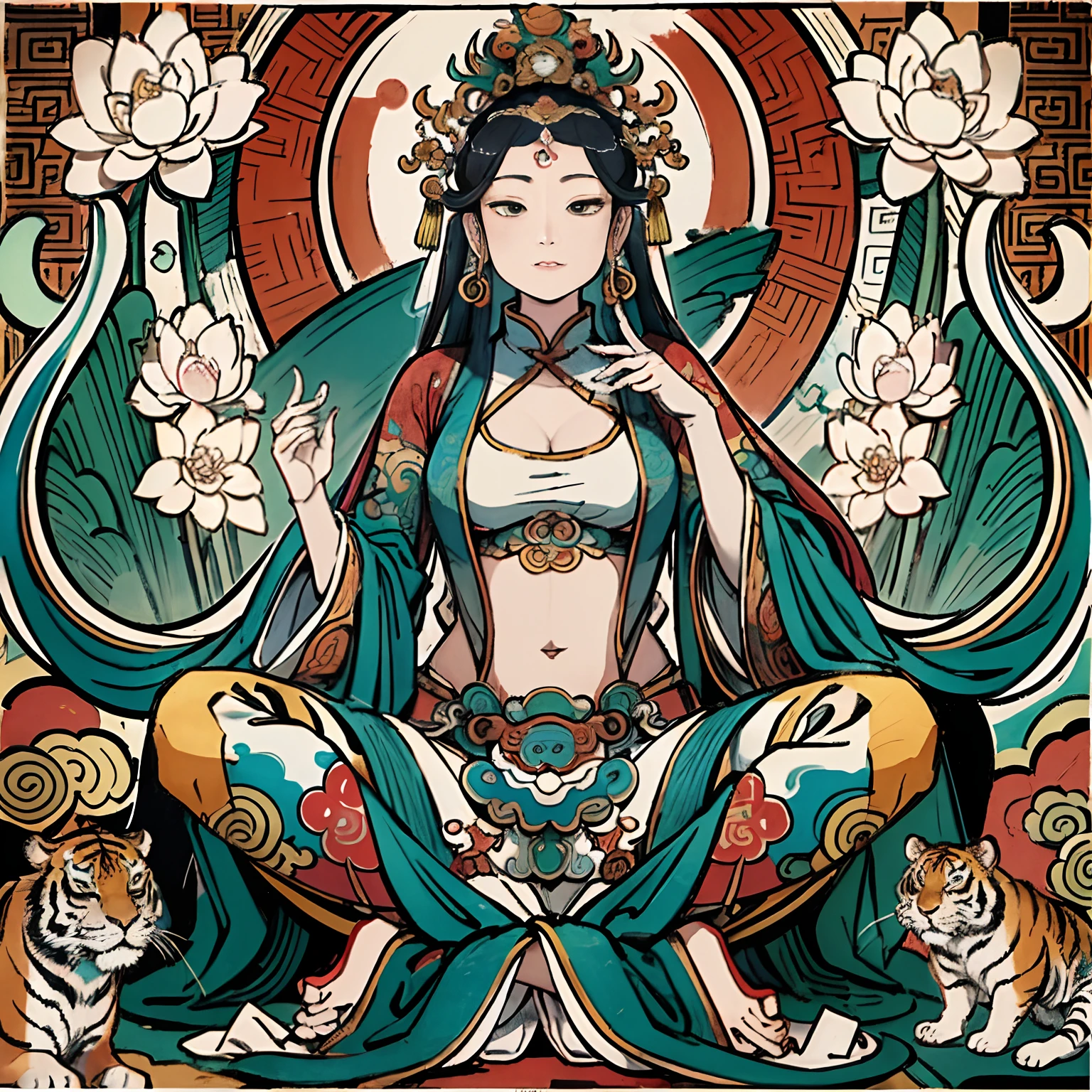an ancient Chinese goddess, guanyin of the southern seas, Guanyin, Inspired by India, Avalokiteshvara rides a tiger，,Serene expression,shui mo hua,Buddha,Buddhist,Lotus,Chinese painting style,Thangka style