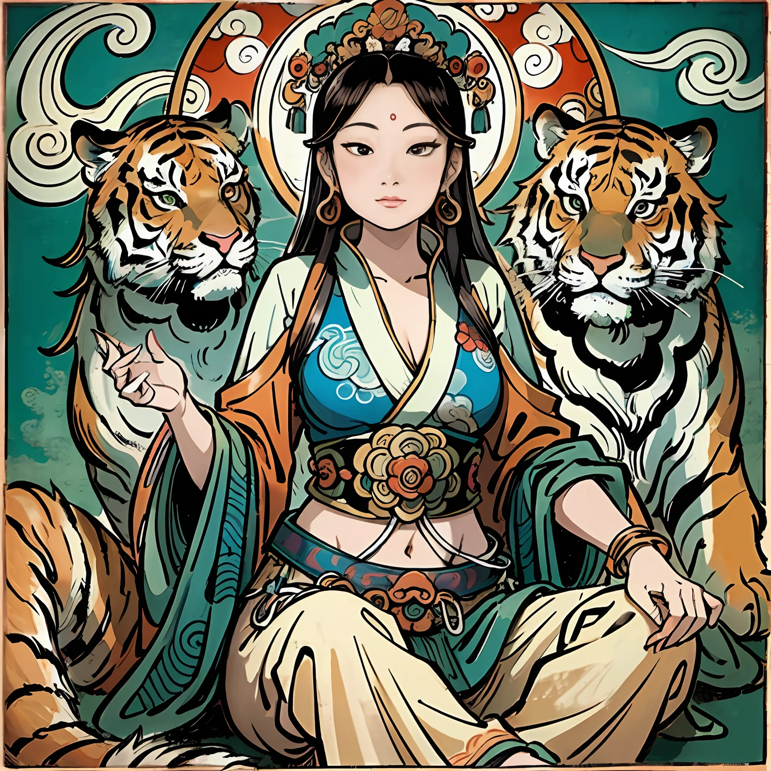 an ancient Chinese goddess, guanyin of the southern seas, Guanyin, Inspired by India, Avalokiteshvara rides a tiger,,Serene expression,shui mo hua,Buddha,Buddhist,Lotus,Chinese painting style,Thangka style