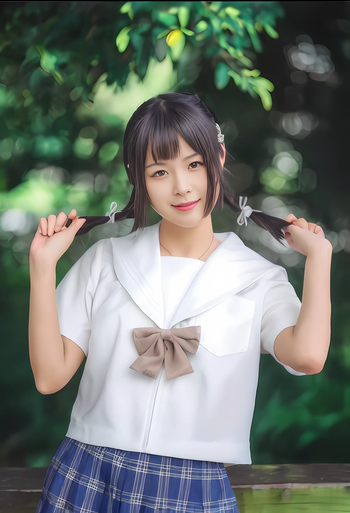 There is a woman posing for a photo in her school uniform, Anime girl cosplay, of a youthful japanese girl, Twin tail hairstyle, shikamimi, double tails, wearing a Japanese school uniform, white hime cut hairstyle, Anime girl in real life, seifuku, japanese girl school uniform, chiho, iwakura lain, portrait of a japanese teen