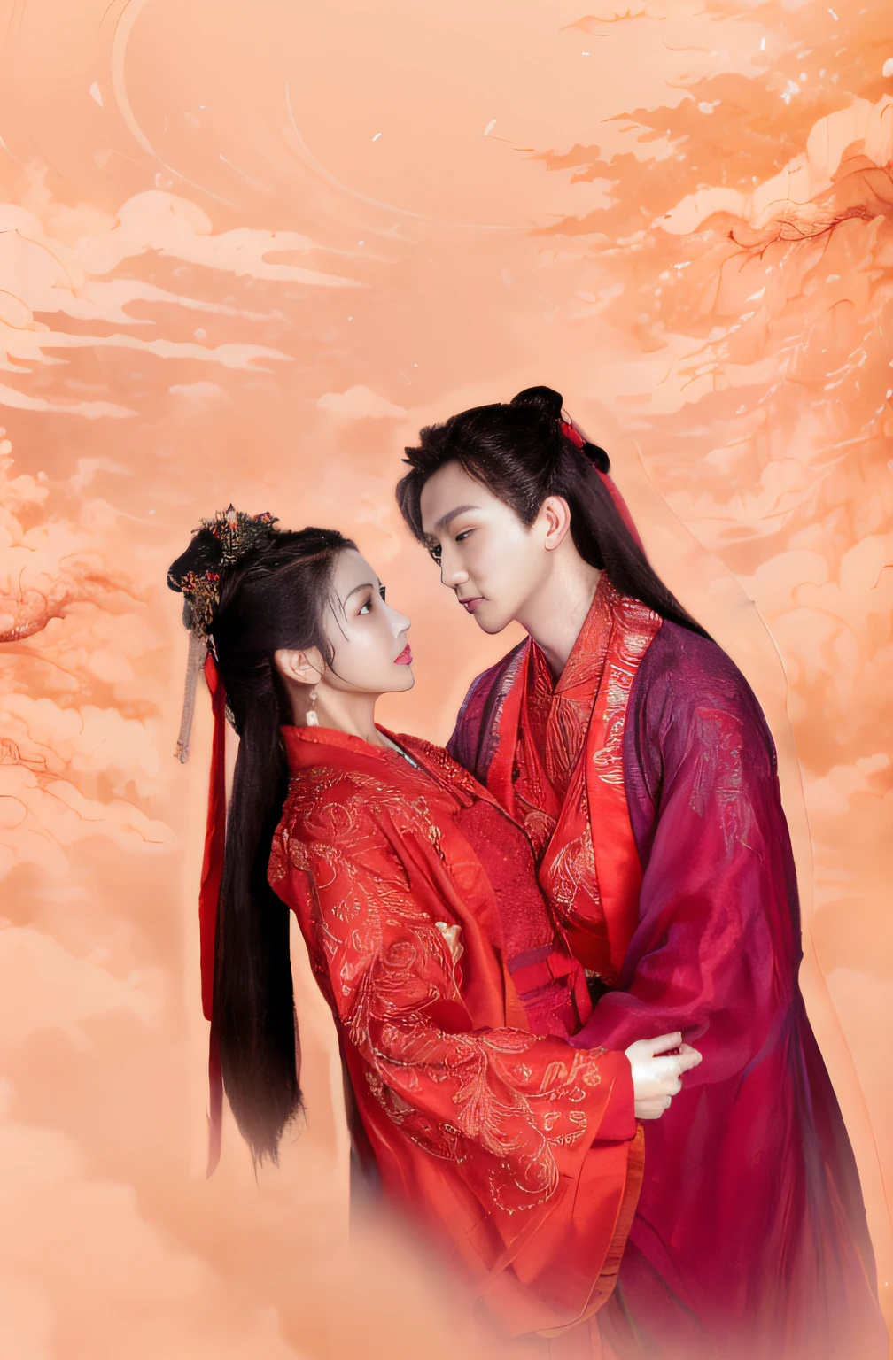 best qualtiy, ultra - detailed, tmasterpiece, finedetail, A high resolution, 8k wallpaper, realistic detail, Clothing details, skin detailed, Photoshop \(curly\),Far Mountain, Skysky, (ulzang-6500-v1.1:0.5), Ancient Chinese couple,Look at each other,dunhuang_cloths,dunhuang_Style,Dunhuang background,