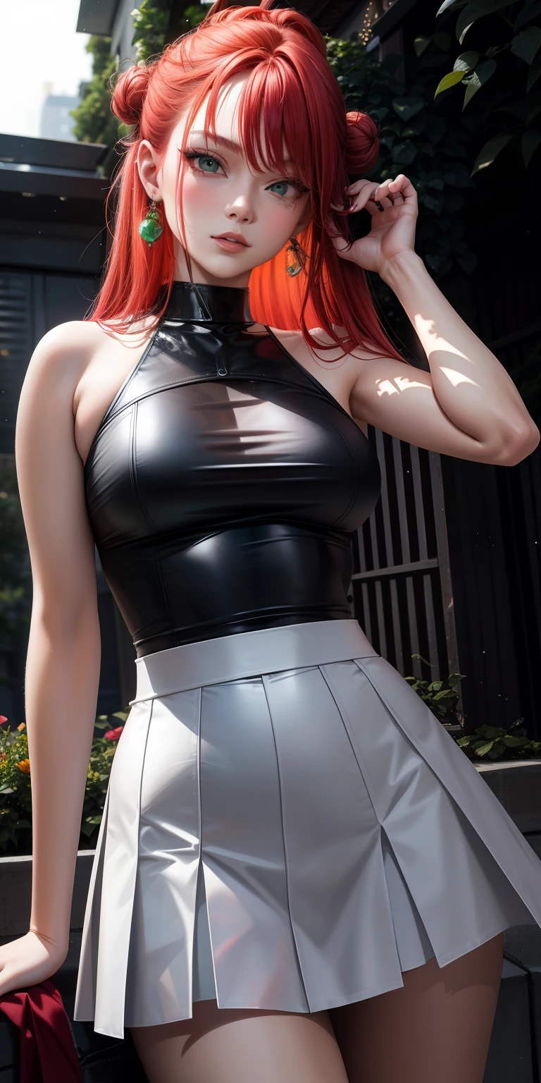 ((RAW photo), absurd, (absurdresolution)), 21 year old young woman with pinkish-red hair, hair tied up (brown string shirt posing, straight skirt, red fluffy socks), (the most beautiful girl, the prettiest sexy woman face), (cyan eyes), (standing sexy pose, very pretty, room with flashy accessories, selfie type photo), vivid, intense colors, captivating woman, light sensuality,