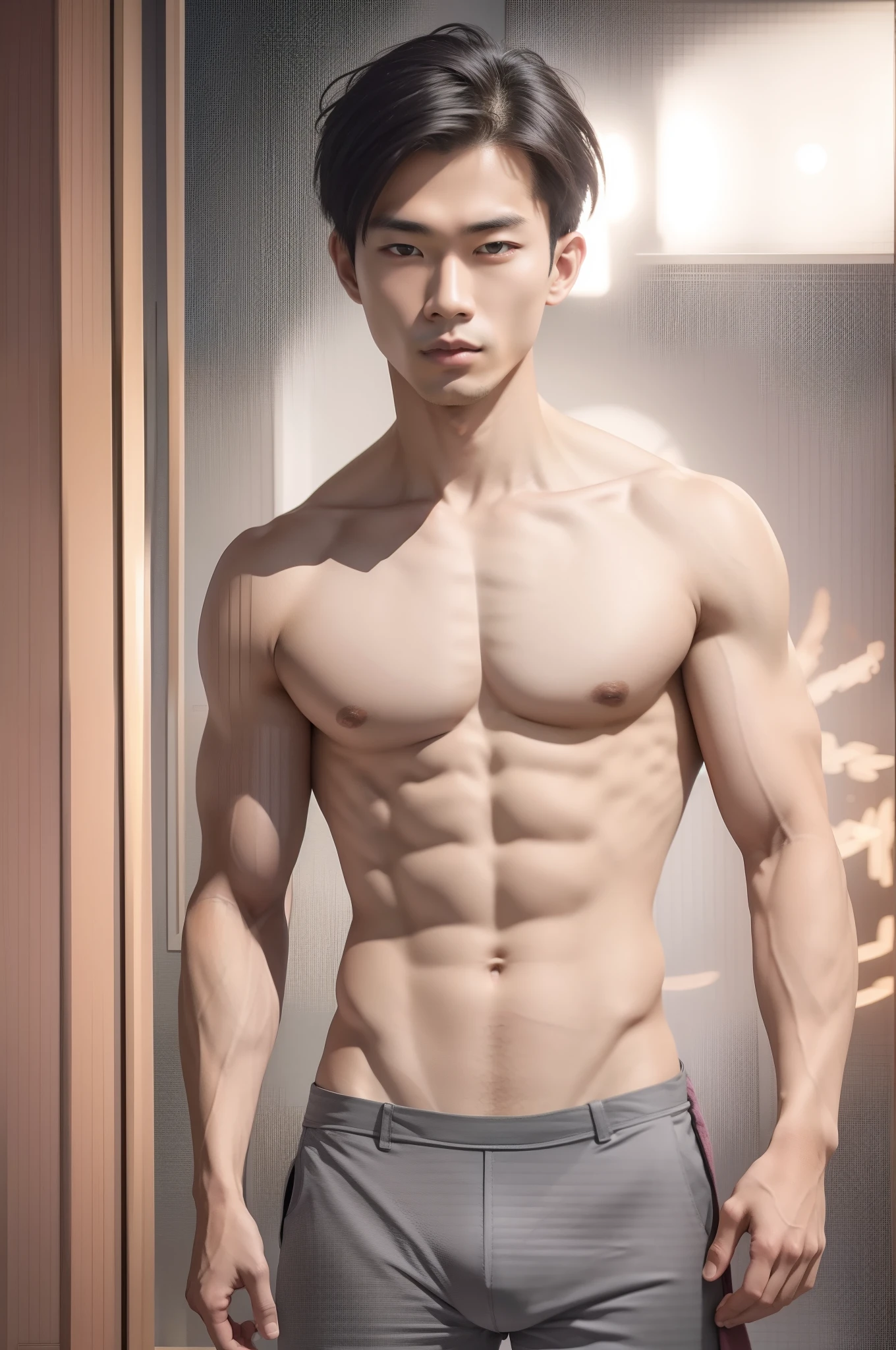 cool guy,23years old,Asian people,Works of masters,Best image quality,Higher quality,high detal,超高分辨率,8K分辨率,Exquisite facial features,Boy student,emaciated,Glowing eyes,short detailed hair,Hair details, ,[[Look away,Look to the side,Emphasize homosexuality and pay attention to every detail ,((((Bulging crotch)))))plan