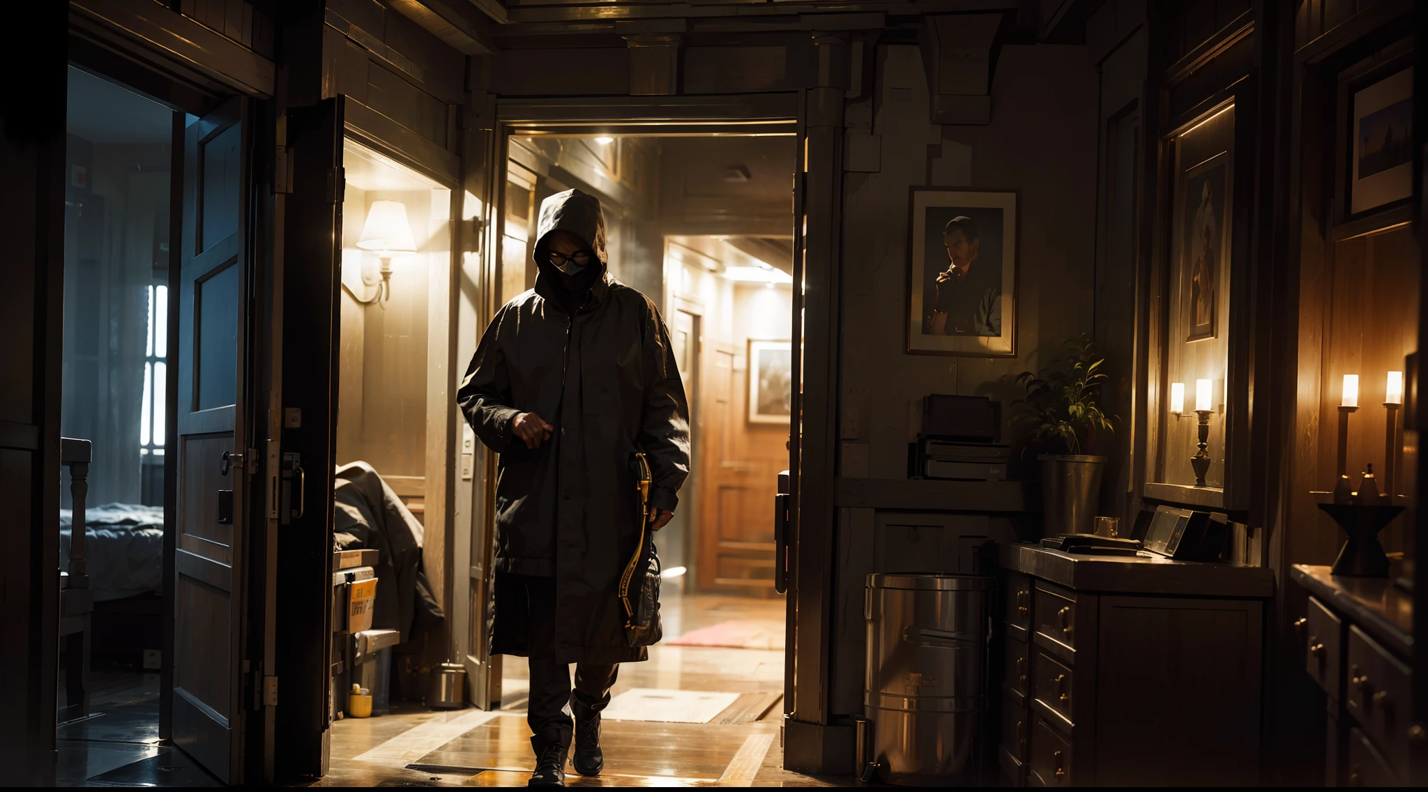 (Masterpiece), (Best Illustration),30 year old thief dressed in black trying to enter the house(Best Quality),(Masterpiece),