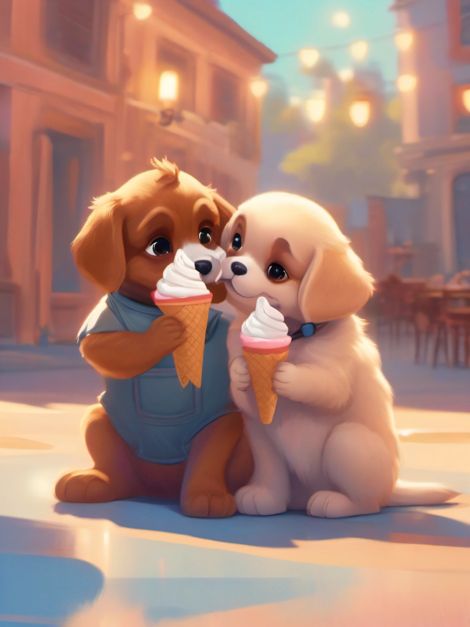 heartwarming Pixar-style scene of two cute puppies sharing an ice cream together, drawn with rounded forms, soft lighting, and a warm color palette
