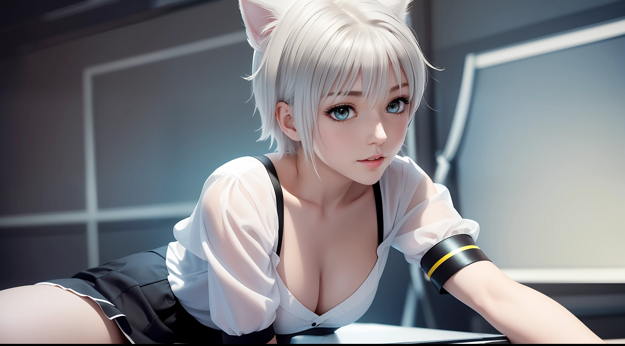 focused upper body, 1 girl, koneko, white shirt, black skirt, big breast bust, sparkling yellow eyes, (((classroom background))), Colorful beautiful girl: short silver hair, cat ear, nice perfect face with soft skinice perfect face, intricate detail, splash screen, 8k resolution, masterpiece, artstation digital painting smooth, 8k resolution photorealistic masterpiece, professional photography, natural lighting, volumetric lighting maximalist photoillustration: by marton bobzert