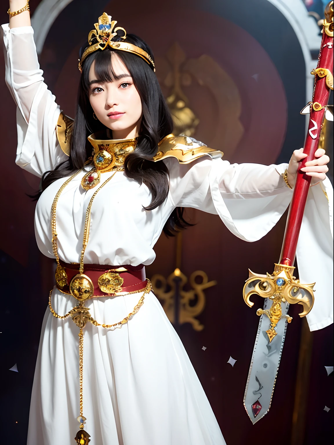 (masutepiece), Professional , masterpiece、top-quality、photos realistic , depth of fields (Gemstone Silver Metal Body:1.9),(Matte White、Jewel Gold Weapon(Jewel Metal Body:1.4),Gorgeous metal weapons , Detailed Sword of the Brave , Beautiful knife ,warhammer 40k , adepta sororitas,Detail and ornate jewel crown、Black hair、Gangle's forest background、Beautiful Caucasian beauty、1a person、dynamic ungle,(((Detailed and ornate diamond crown)))、Smaller head、A smile、Take a sexy pose、Background inside the castle、Thin and beautiful female hands、
