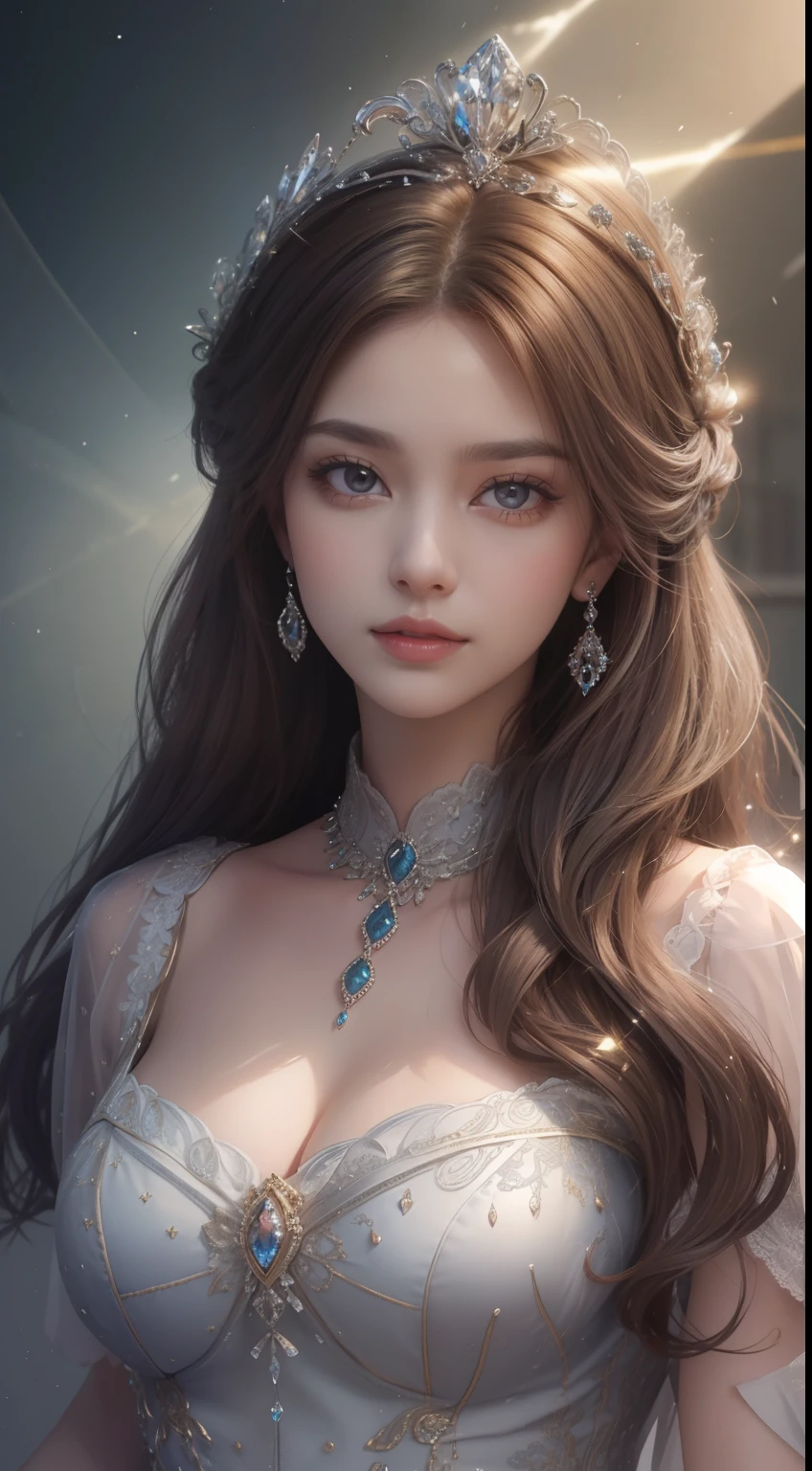 tmasterpiece,Highest image quality,Beautiful bust of a royal lady,Delicate brown hairstyle,Silver eyes are clear,Embellished with a dazzling array of intricate jewelry,super detailing,upscaled。