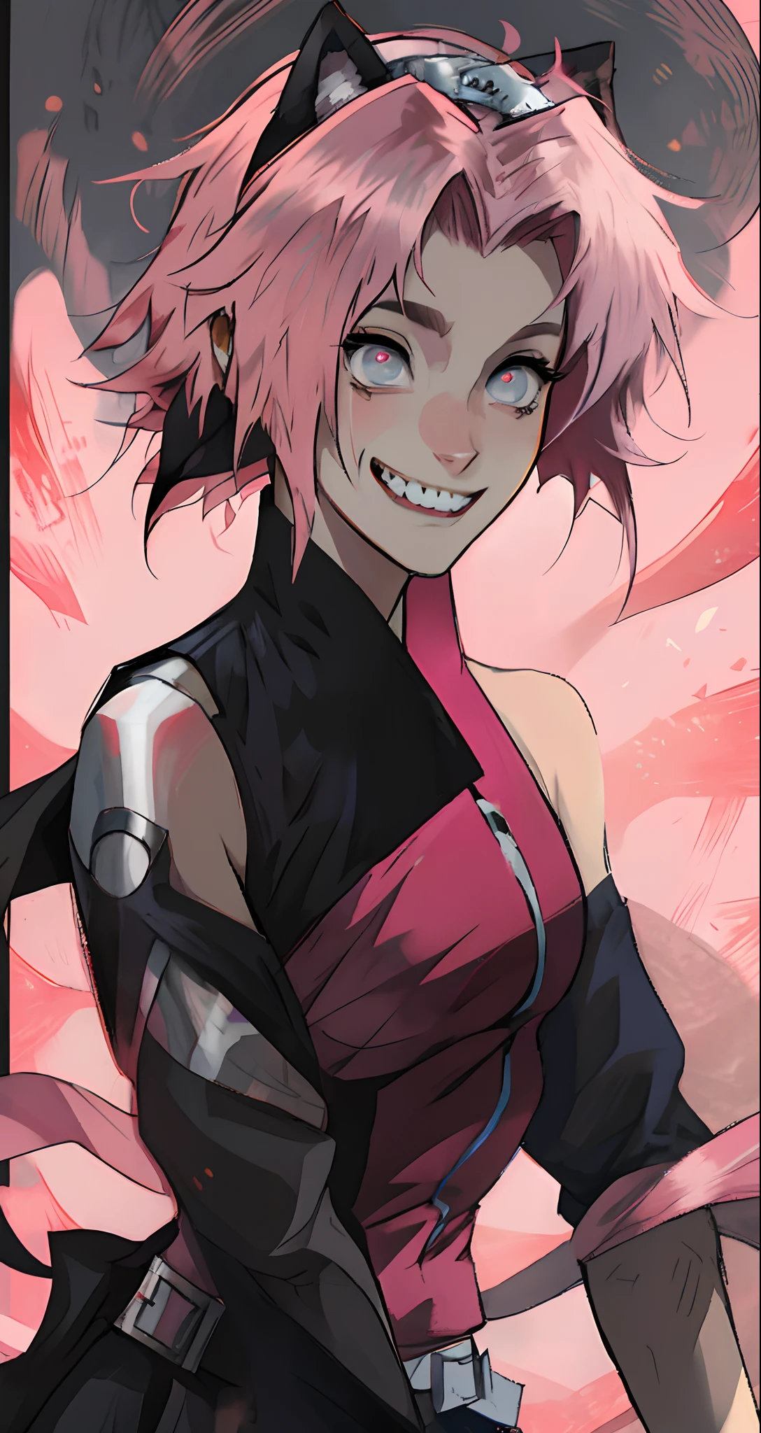anime, female, pink hair, pink eyes, smiling, young, sharp teeth, wolf ears
