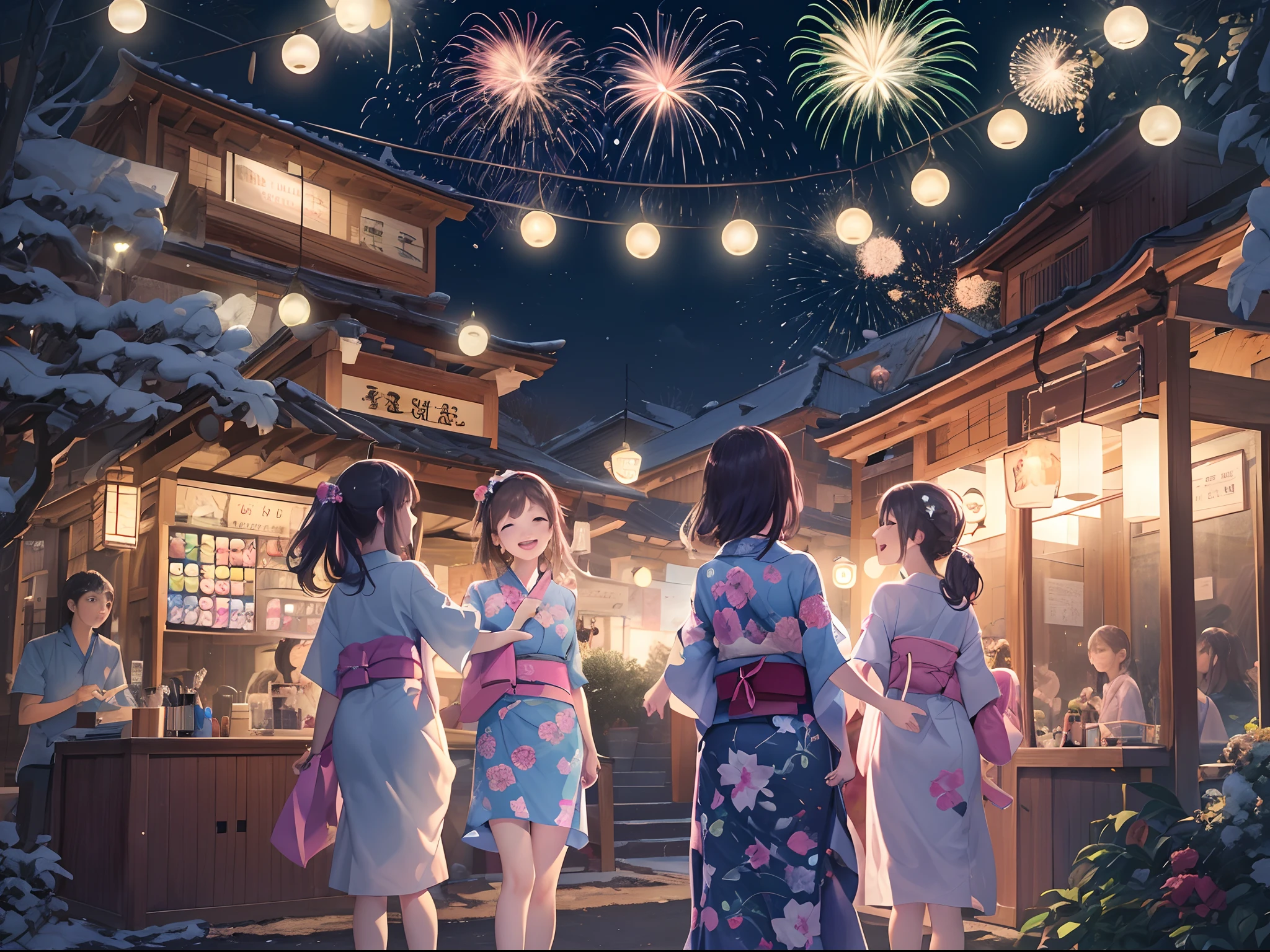 Local summer festival night、Fantastic lights illuminate the surroundings、Teenage girls are going around the stall in yukata and smiling。I'm having fun with my friends.、The glow of youth is felt。Dreams and hopes dwell in their eyes、Looking up at the light of fireworks in the blue night sky、Sharing a moment of happiness。This moment is、With deep emotions、It will be engraved as a beautiful page of youth.、超A high resolution、8k、16k