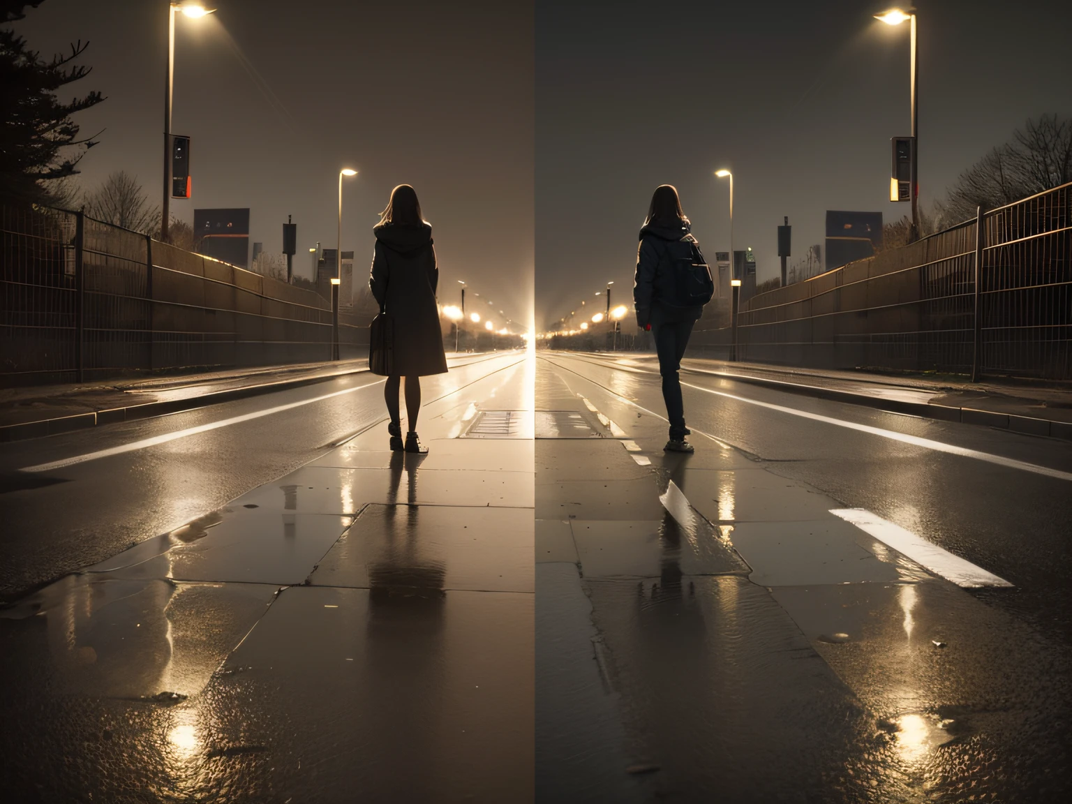 One woman and one man,desolation,One side is full of light,One side is dark,It's raining,Have on the street,(16:9),Reflectors,Polar opposites,对称,in a panoramic view,ssee-through,Ray traching,reflective light,depth of fields,tmasterpiece,best qualtiy,high detal,high qulity,ctextured skin,ccurate, hyper HD、k hd