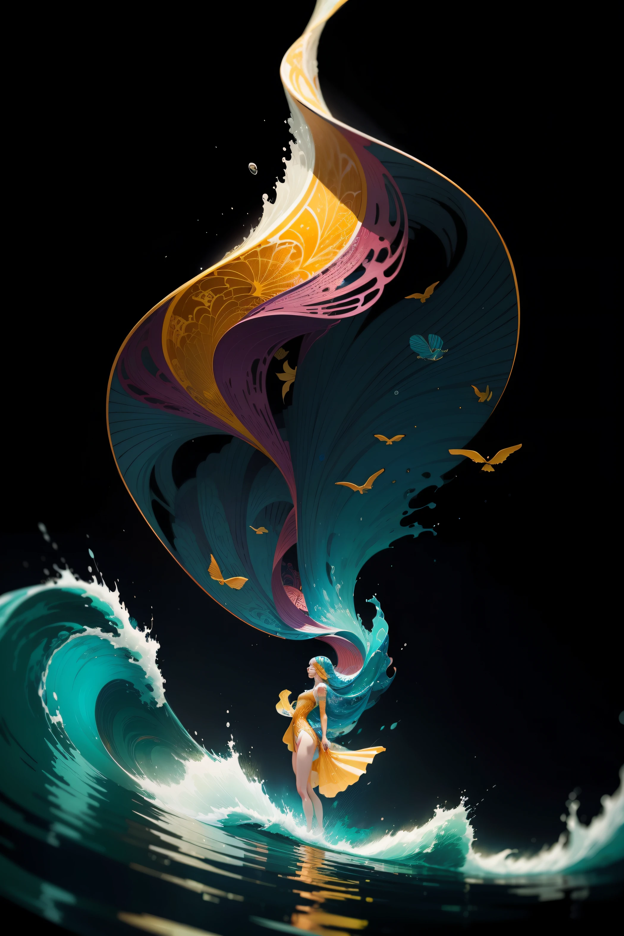 a close up of a person standing in the water with a wave, victo ngai style, botticelli and victo ngai, victo ngai! muted colors, inspired by Victo Ngai, victo ngai and tristan eaton, by Victo Ngai, james jean and victo ngai, ( ( victo ngai ) )