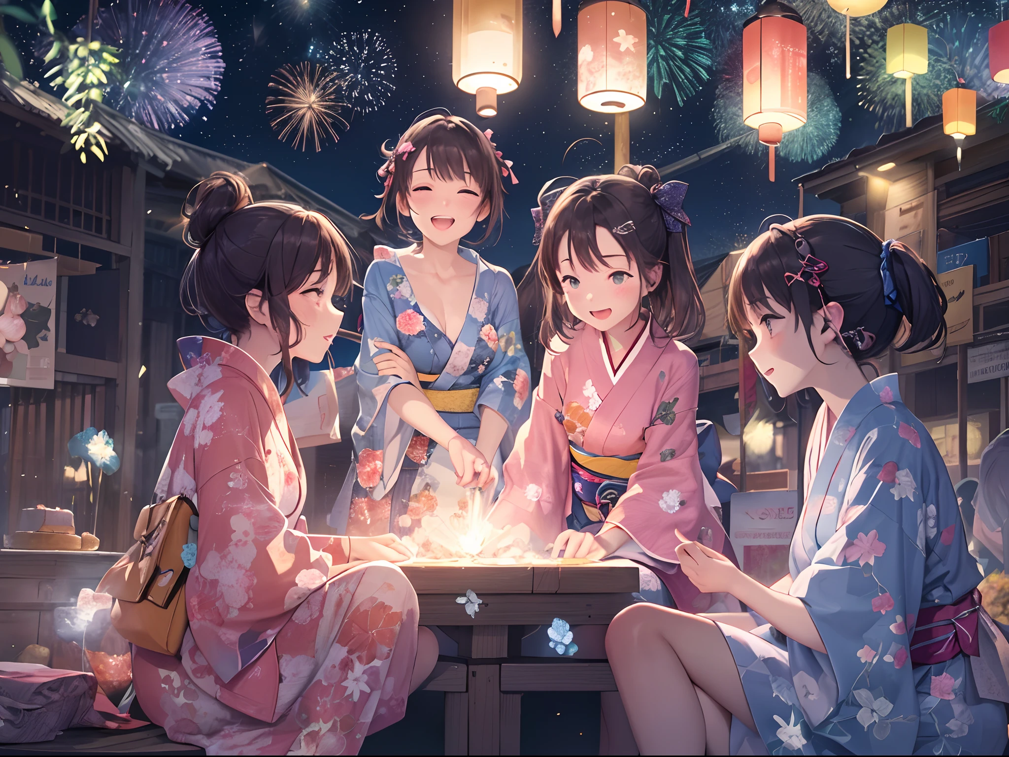 Local summer festival night、Fantastic lights illuminate the surroundings、 girls are going around the stall in yukata and smiling。I'm having fun with my friends.、The glow of youth is felt。Dreams and hopes dwell in their eyes、Looking up at the light of fireworks in the blue night sky、Sharing a moment of happiness。This moment is、With deep emotions、It will be engraved as a beautiful page of youth.、超A high resolution、8k、16k