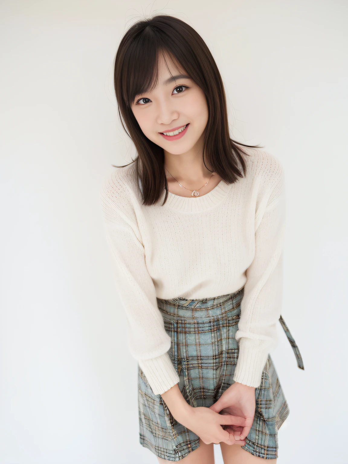 (top-quality、8k、32k、masterpiece、UHD:1.2)、Woman standing in front of white curtain、Photo of a cute Japanese woman、A slight smil、Mini skirt on white knitwear