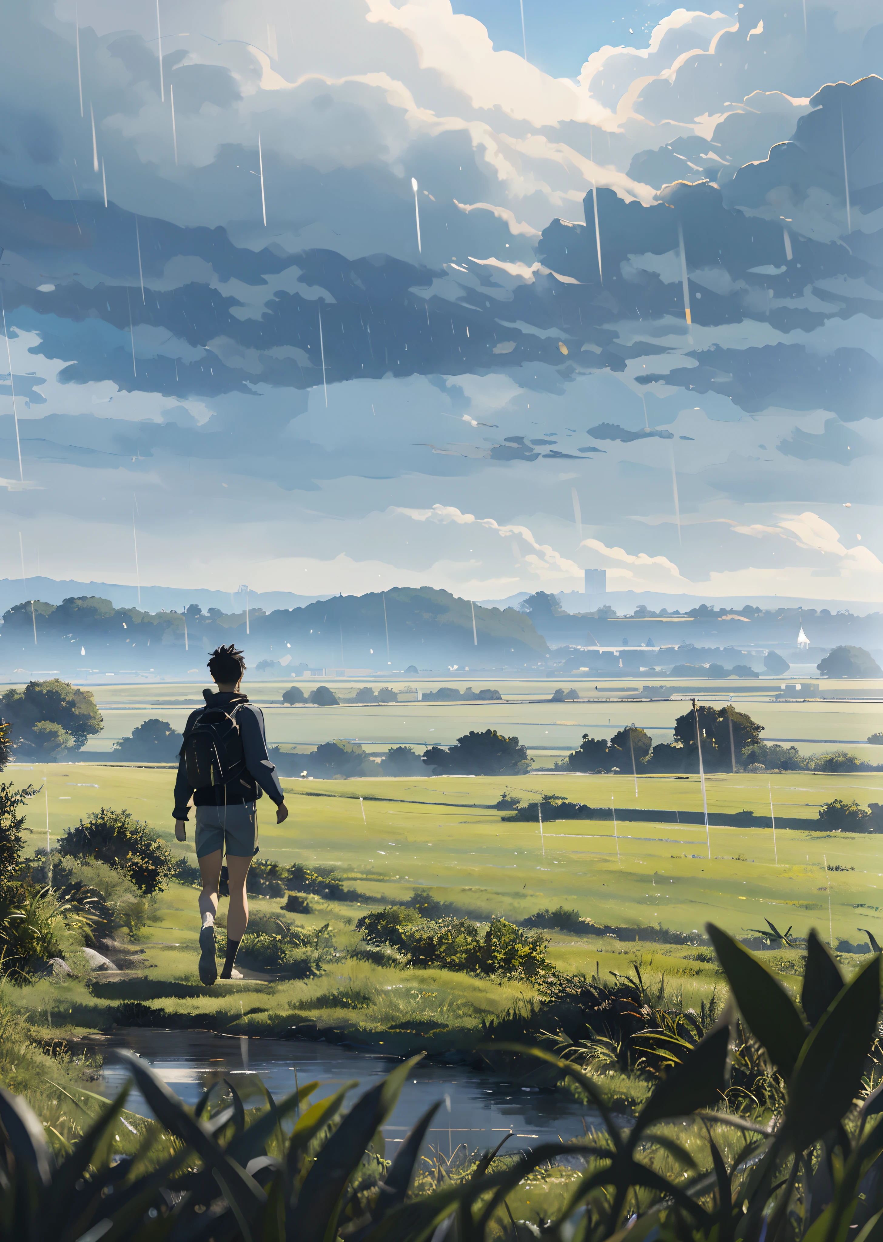 The vast sky with mild raining, large grass plain, moving visual effects, grey natural light, and a young man wearing a white long-sleeved top and shorts with a black backpack can be faintly seen in the distance in the middle of the plain.