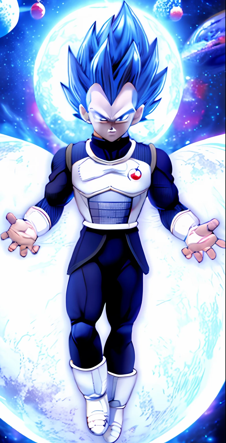 masterpiece, best quality, vegeta, 1 Man, clenched hands, earth \(planet\), full body, looking at viewer, male focus, tail, planet, red eyes, solo, space, (planet background:1.7), (Blue hair), neon light, (color armor white:1.5)