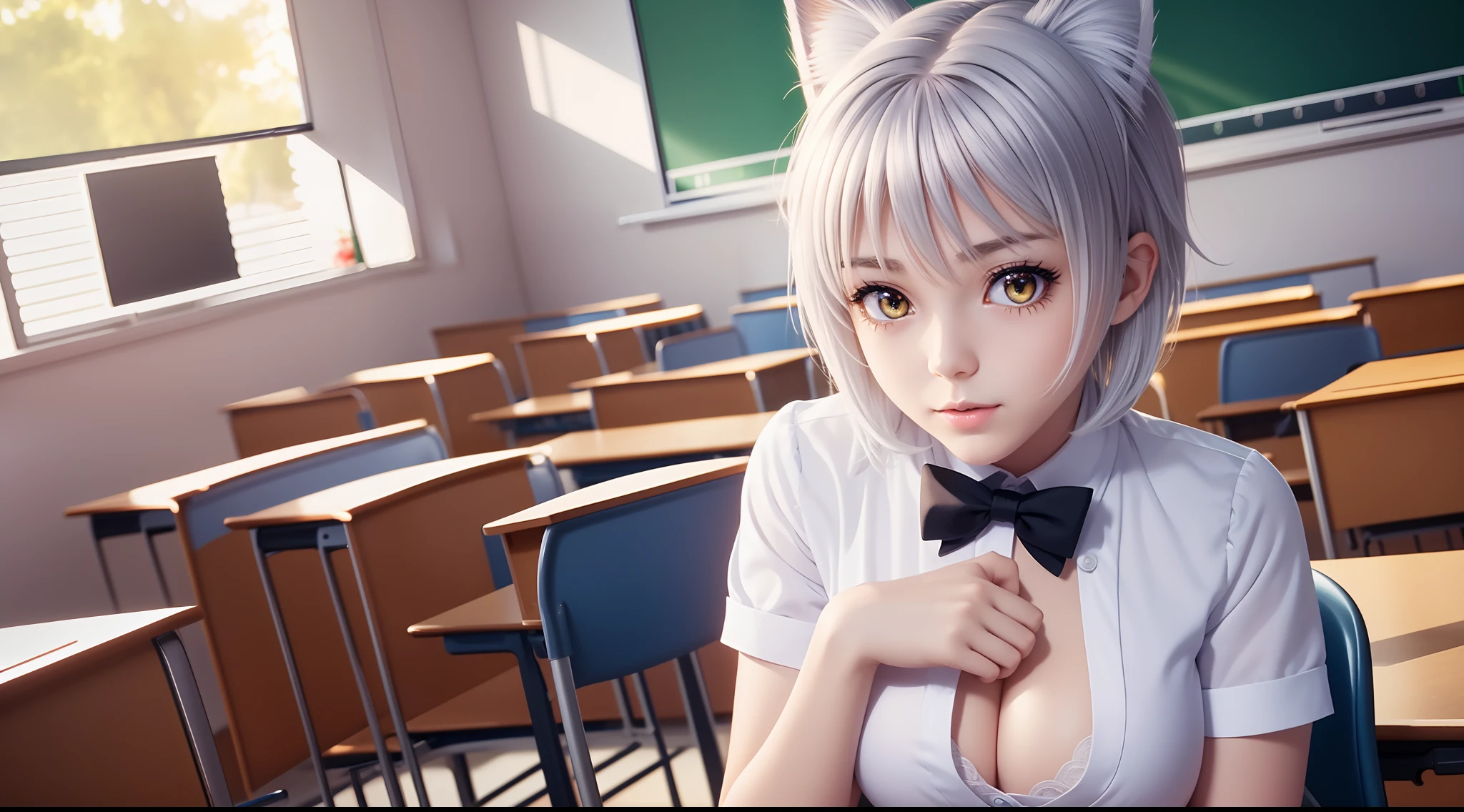 focused upper body, 1 girl, koneko, school uniform, big breast bust, sparkling yellow eyes, (((classroom background))), Colorful beautiful girl: short silver hair, cat ear, nice perfect face with soft skinice perfect face, intricate detail, splash screen, 8k resolution, masterpiece, artstation digital painting smooth, 8k resolution photorealistic masterpiece, professional photography, natural lighting, volumetric lighting maximalist photoillustration: by marton bobzert
