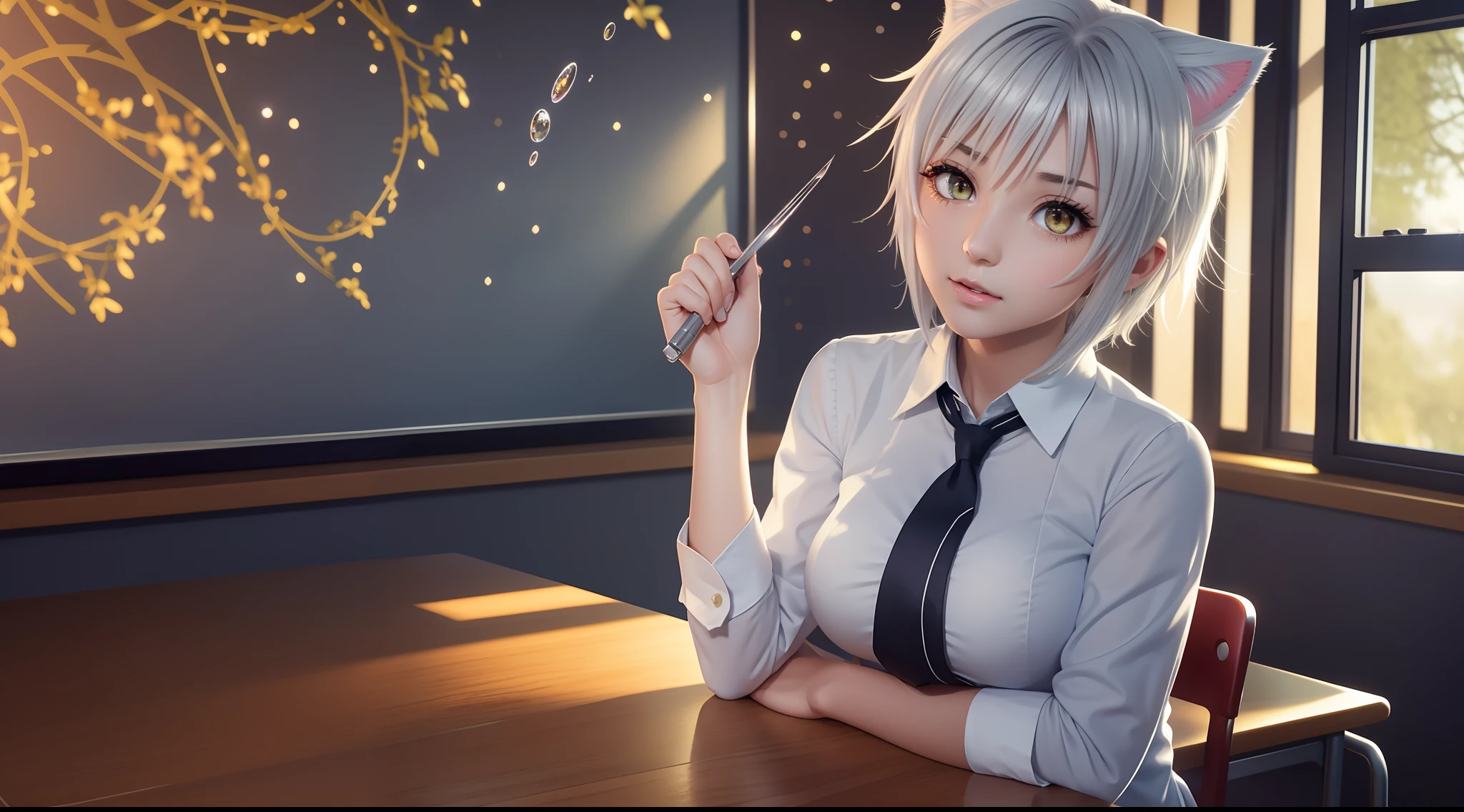 focused upper body, 1 girl, koneko, school uniform, big breast bust, sparkling yellow eyes, (((classroom background))), Colorful beautiful girl: short silver hair, cat ear, nice perfect face with soft skinice perfect face, intricate detail, splash screen, 8k resolution, masterpiece, artstation digital painting smooth, 8k resolution photorealistic masterpiece, professional photography, natural lighting, volumetric lighting maximalist photoillustration: by marton bobzert