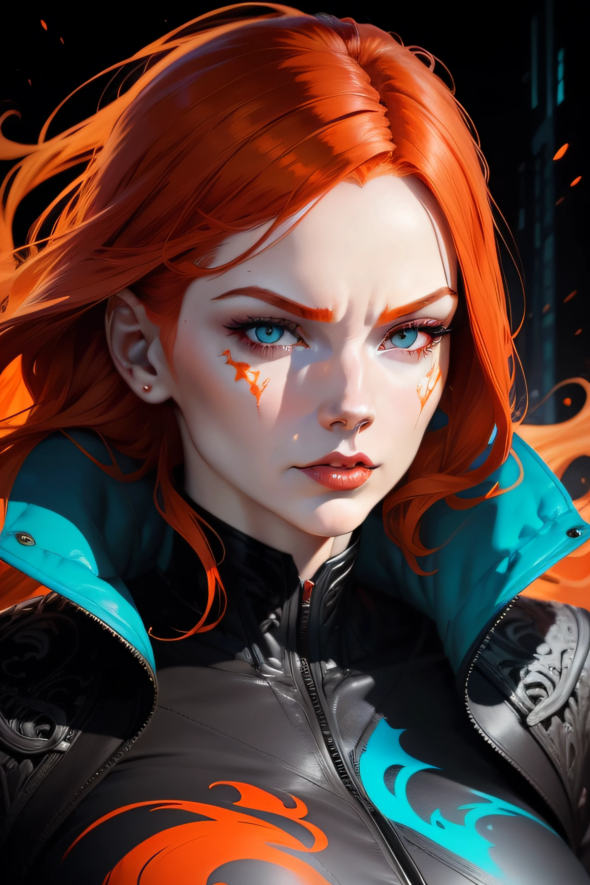 a woman with red hair and grey eyes and a white face, beautiful comic art, orange fire/blue ice duality! , martin ansin artwork portrait, by Galen Dara, gorgeous art, stunning art style, martin ansin, lois van baarle and rossdraws, cyan and orange, fire and ice, beautiful artwork, ice and fire