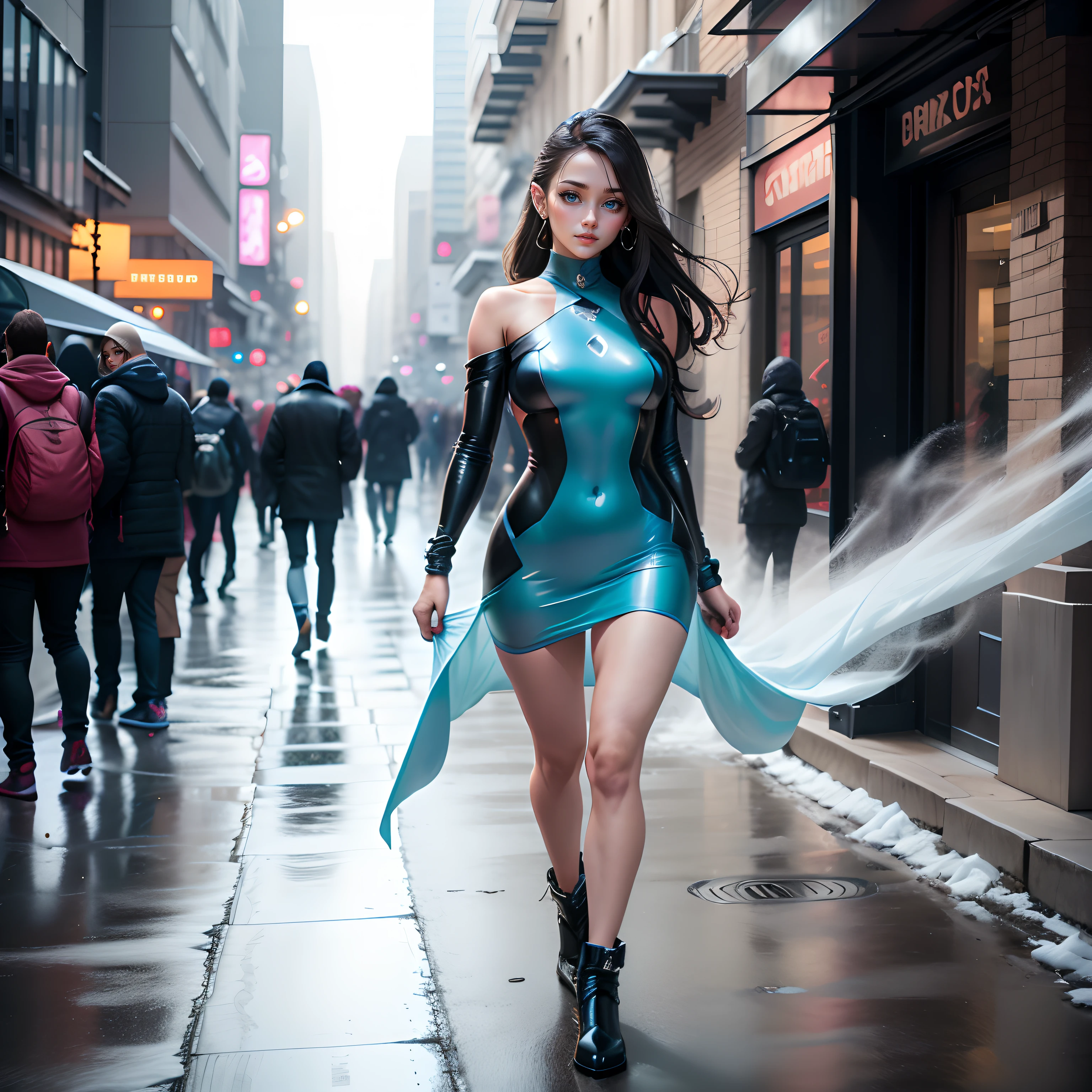 "Beautiful girl elegantly dressed in a cryokinesis outfit, capturing attention as she strolls through the vibrant city streets."