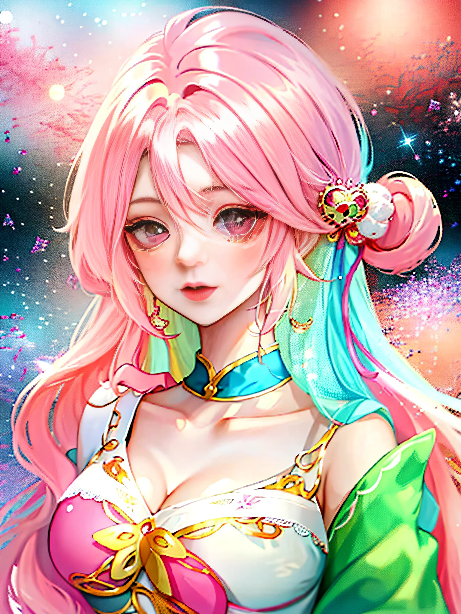 absurdres, masterpiece, best quality, (realistic:1.3), (detailed), ((in frame)), best illumination, best shadow, finely detail, depth of field, bloom, shine, glinting stars, perfect lighting, 1girl, ahri, ahri_\(league_of_legends\), pink_hair, animal_ear_fluff, animal_ears, bangs, bare_shoulders, bell, breasts, cleavage, facial_mark, fox_ears, fox_girl, green_kimono, hair_bell, hair_ornament, highres, japanese_clothes, kimono, large_breasts, league_of_legends, long_hair, looking_at_viewer, petals, ribbon, signature, smile, solo, spirit_blossom_\(league_of_legends\), spirit_blossom_ahri, wang_bu_chou, whisker_markings, (outdoor), ((detailed fancy night)), daylight, beautiful sky, detailed sky, moon, moonlight, starry sky, sparkling star, <lora:ahriLeagueOfLegends_ahri45Suggested:0.7>, <lora:koreanDollLikeness_v10:0.3>