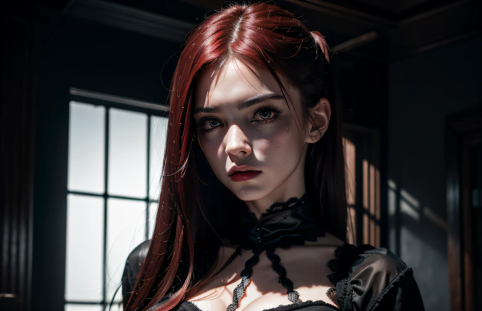 In this chilling image, a model is possessed by an evil presence, captured in a dark fantasy setting that is both mesmerizing and terrifying. The model's eyes glow with an otherworldly light, reflecting the malevolent spirit that has taken hold of her. Her hair is disheveled, with strands of blood-red hair framing her face in a way that is both alluring and eerie.
The model's outfit is both elegant and sinister, with intricate black lace and a deep red bodice that adds to the overall dark fantasy aesthetic. The setting features a gothic castle in the background, with ominous red lighting that enhances the foreboding atmosphere. The model's pose is commanding, with a sense of raw power that adds to the overall sense of danger and unease.
This image captures the essence of dark fantasy, with a chilling and alluring combination of beauty and terror. The model's possession adds an extra layer of intrigue, drawing the viewer in and leaving them unsettled. The red accents throughout the image add to the sense of darkness and horror, emphasizing the evil presence that has taken hold of the model.
Overall, this image is a testament to the power of dark fantasy and the allure of the unknown, with a bold and dark twist that is both captivating and unsettling.