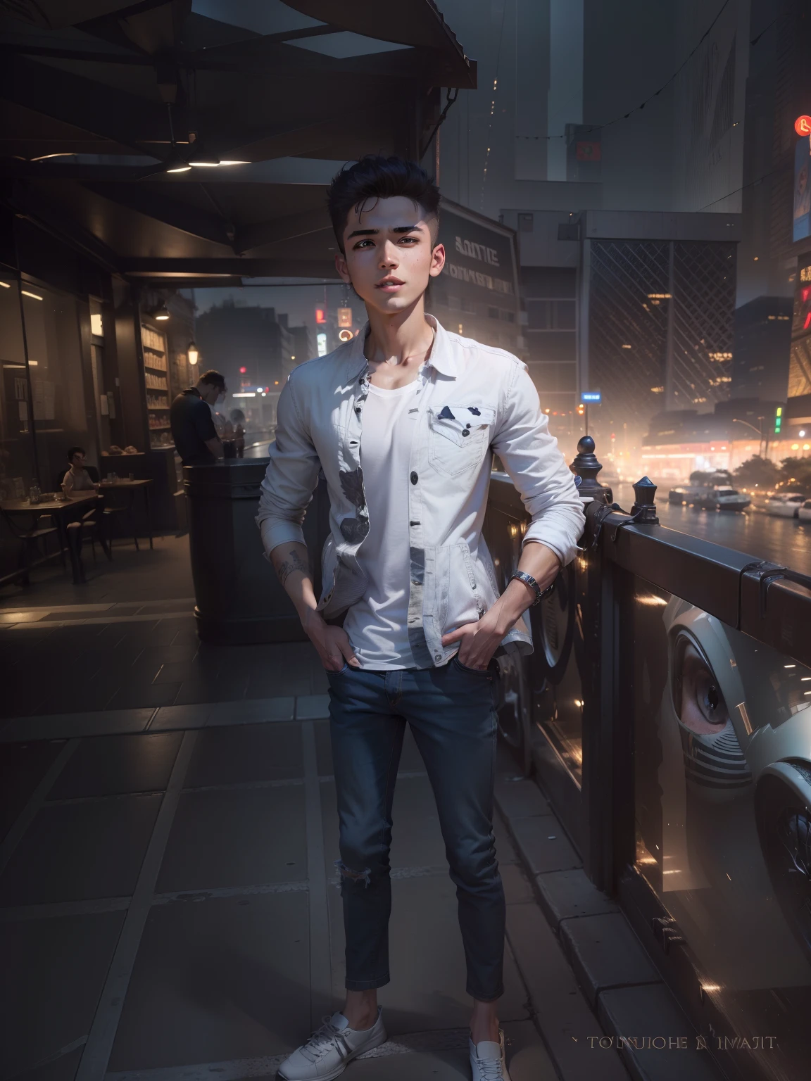 (absurdres, highres, ultra detailed, HDR), masterpiece, best quality, 1boy, handsome, short hair, finely eye and detailed face, (white t-shirt), (jean jacket), dimple, forehead, night street, night city, midnight, selfie shot, light smile