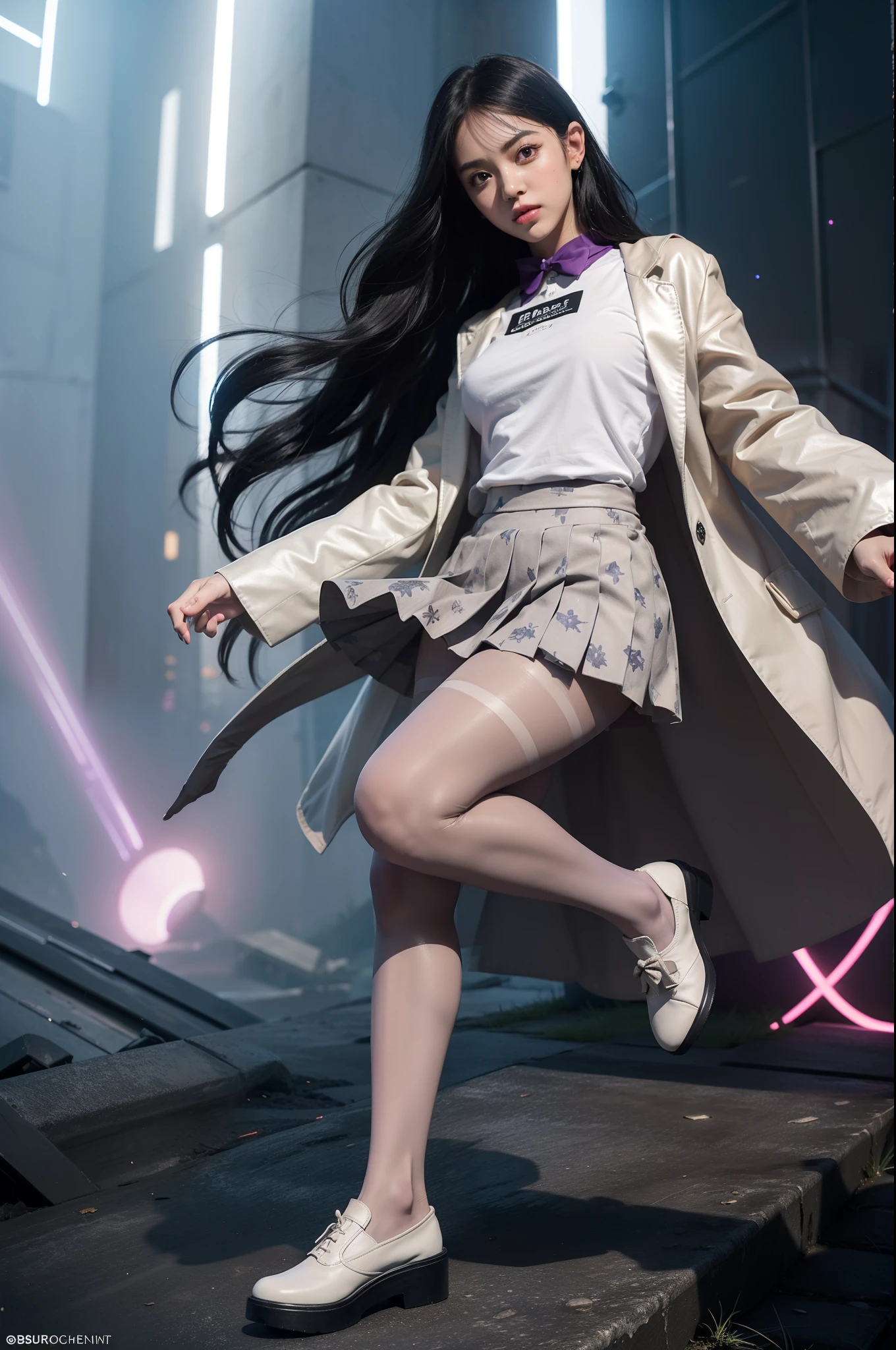 (full body:1.5)，(1girl:1.3),(view the viewer:1.4)，(anatomy correct:1.45),(Dancing on high mountain peaks:1.3),(very thick printed pantyhose:1.4),( A woman Wear printed fantasy Thief Set JK student uniform pleated skirt and uniform pointed high-heeled leather shoes :1.35)， (Light particle effect:1.3),(In pink | amarelo | blue colors| green color |red color | white colors| black in color| purplish color| greys| Beige| Flesh color 1.4)，(Glowing eyes:1.3),(Large amplitude action: 1.3)，(Accurate and perfect face:1.4),hyper HD, Ray traching, reflective light，structurally correct, Award-Awarded, high detail, lighten shade contrast, Face lighting，cinmatic lighting, tmasterpiece, super detailing, high quality, high detail, best quality, 16k，High contrast,