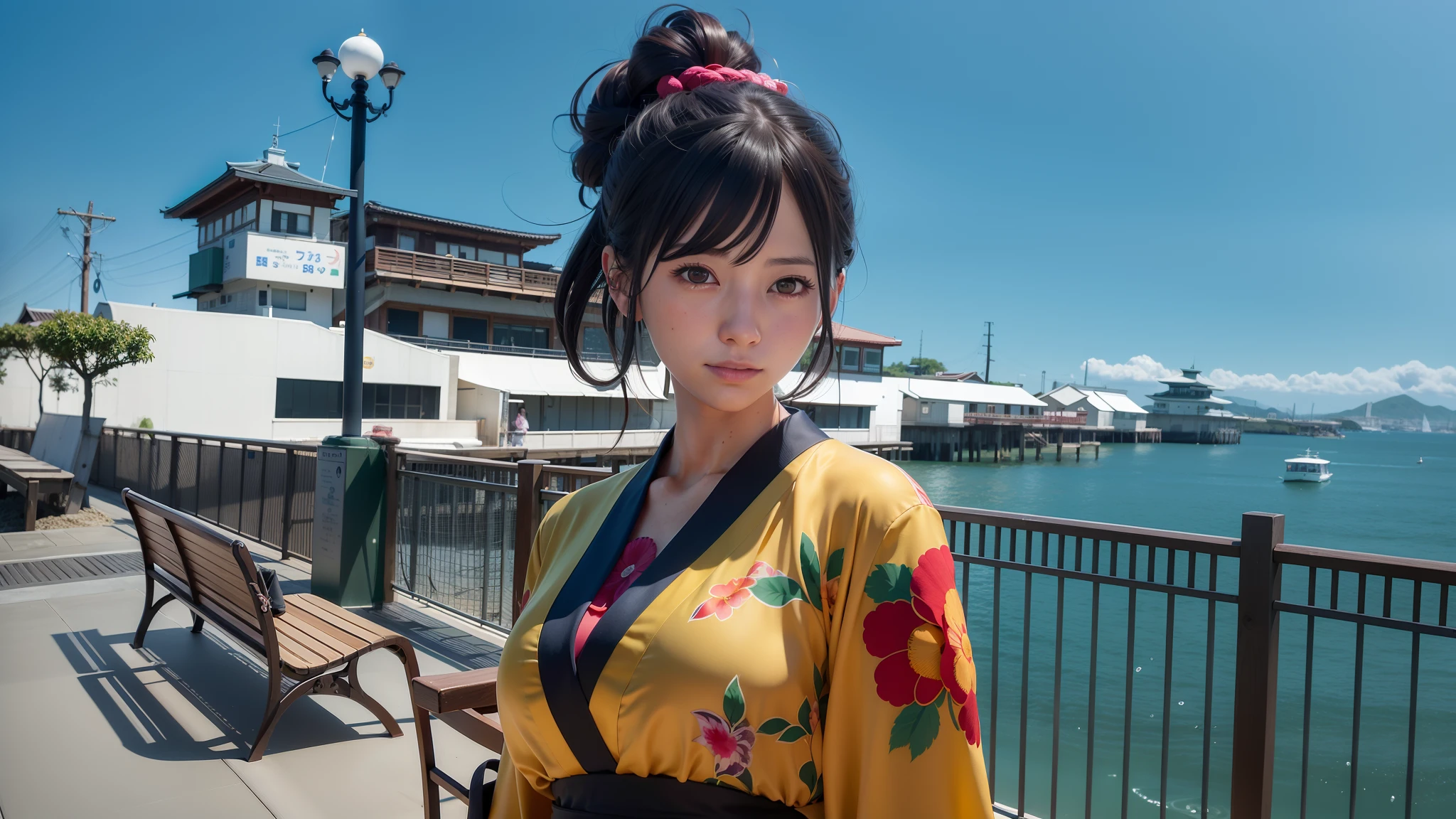 there is a woman in a kimono standing on a pier, photorealistic anime girl render, realistic anime 3 d style, katana zero video game character, render of april, akihiko yoshida. unreal engine, anime style. 8k, render of mirabel madrigal, digital anime art, highly detailed character, photorealistic artstyle, unreal engine character art