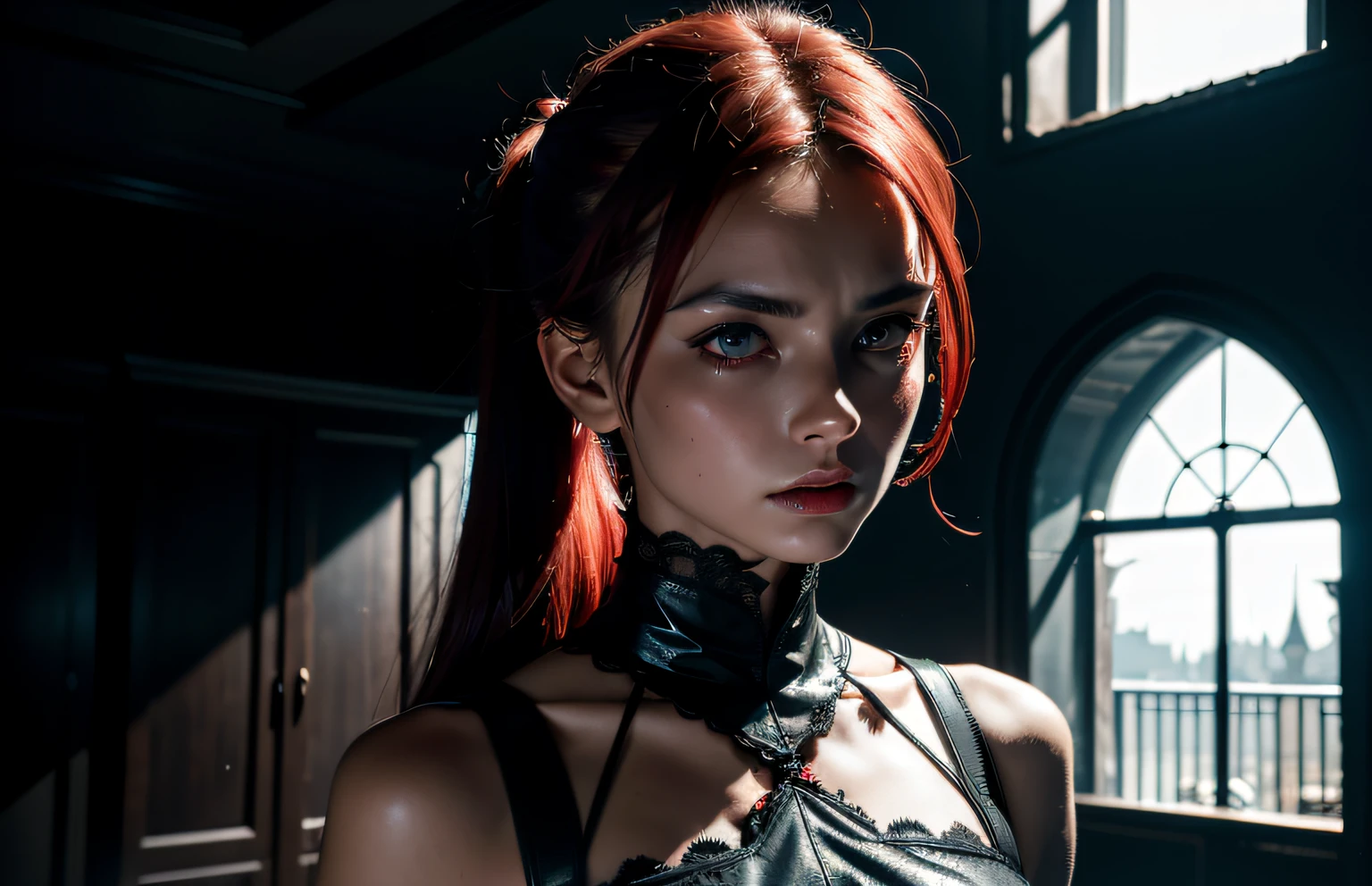 In this chilling image, a model is possessed by an evil presence, captured in a dark fantasy setting that is both mesmerizing and terrifying. The model's eyes glow with an otherworldly light, reflecting the malevolent spirit that has taken hold of her. Her hair is disheveled, with strands of blood-red hair framing her face in a way that is both alluring and eerie.
The model's outfit is both elegant and sinister, with intricate black lace and a deep red bodice that adds to the overall dark fantasy aesthetic. The setting features a gothic castle in the background, with ominous red lighting that enhances the foreboding atmosphere. The model's pose is commanding, with a sense of raw power that adds to the overall sense of danger and unease.
This image captures the essence of dark fantasy, with a chilling and alluring combination of beauty and terror. The model's possession adds an extra layer of intrigue, drawing the viewer in and leaving them unsettled. The red accents throughout the image add to the sense of darkness and horror, emphasizing the evil presence that has taken hold of the model.
Overall, this image is a testament to the power of dark fantasy and the allure of the unknown, with a bold and dark twist that is both captivating and unsettling.