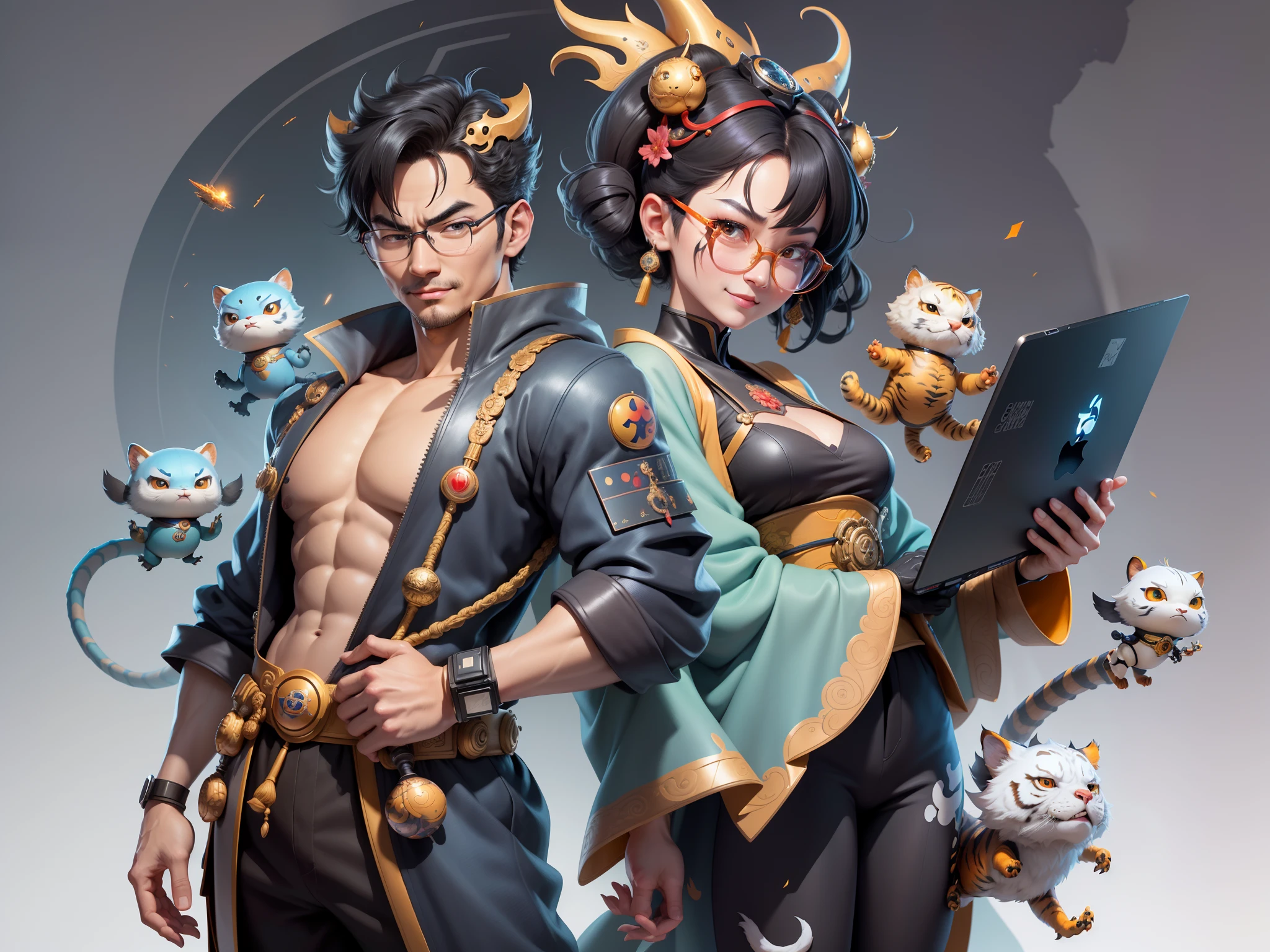(Masterpiece), (Excellent), (Super Meticulous), (Full Body: 1.2), Super Young Man with Japanese Female Geisha, Pretty, Beautiful, Chinese Dragon, Tiger, Wind God Thor, Sexy, Bursting, Oriental Face, TV Anchor, Bust Portrait Illustration, Black Suit, Blue Tie, Slightly Chubby Face, Silver Glasses, Very Clean Face, No Beard on Chin, Black Super Short Hair, Black Eyes, Confident Smile, 3c Computer Sub-Products, iPad, iPhone, Digital Painting, 3D character design by Mark Clairedon and Pixar and Hayao Miyazaki and Akira Toriyama, the illustrations are HD illustrations in 4K resolution with highly detailed facial features and cartoon-style visuals.