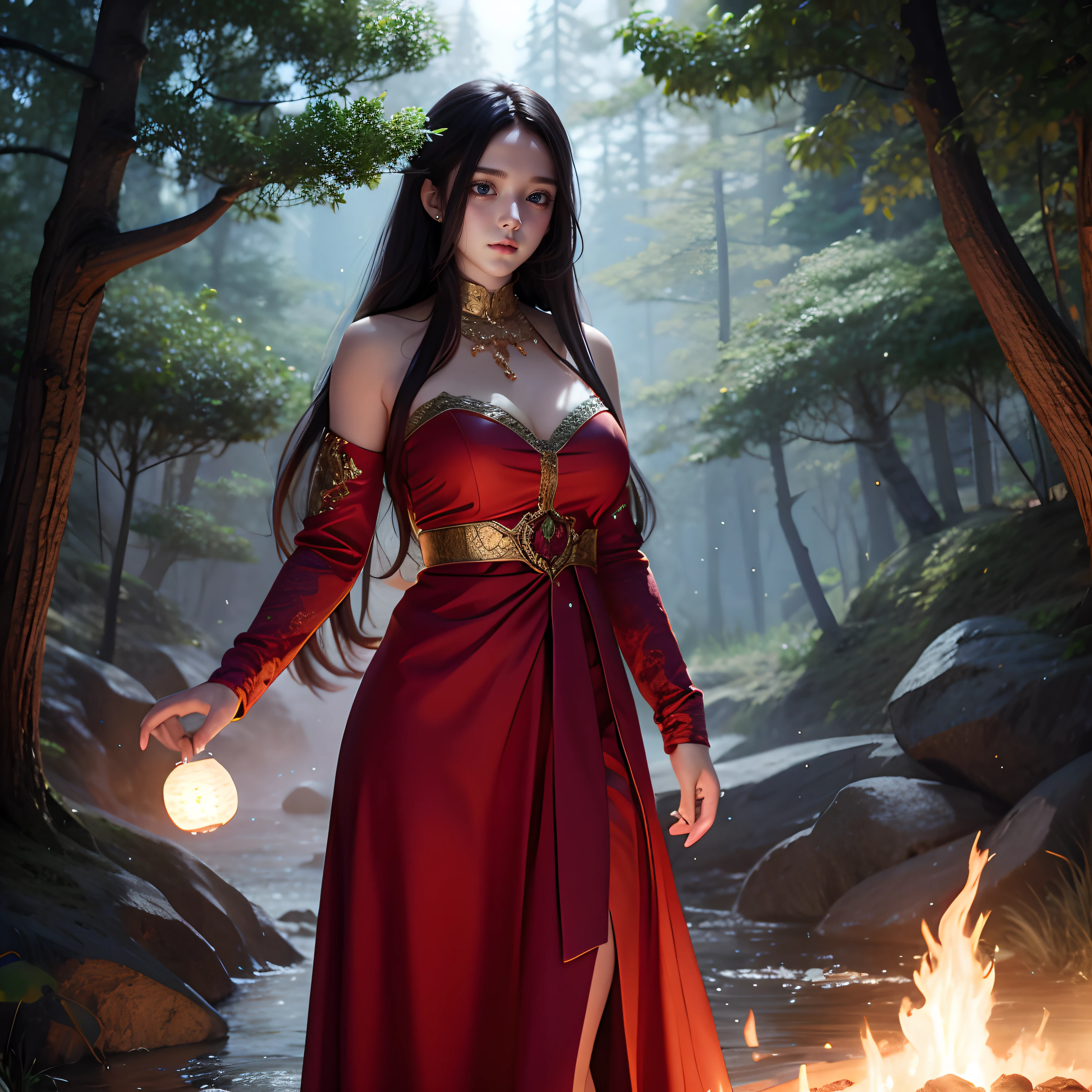 "beautiful girl adorned in a fiery gown exploring the mysterious depths of the enchanted forest." masterpiece, realistic, 8k, detailed character, (pureerosface_1:0.33), (ulzzang-6500:0.33),