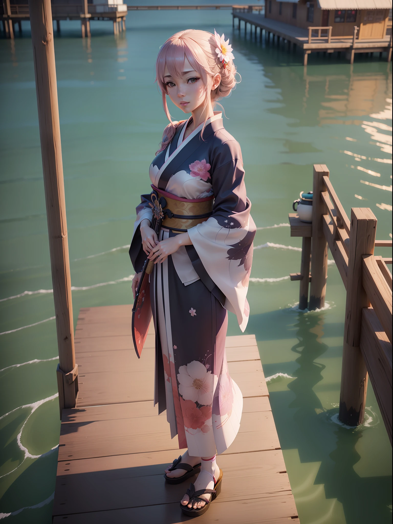 there is a woman in a kimono standing on a pier, photorealistic anime girl render, realistic anime 3 d style, katana zero video game character, render of april, akihiko yoshida. unreal engine, anime style. 8k, render of mirabel madrigal, digital anime art, highly detailed character, photorealistic artstyle, unreal engine character art
