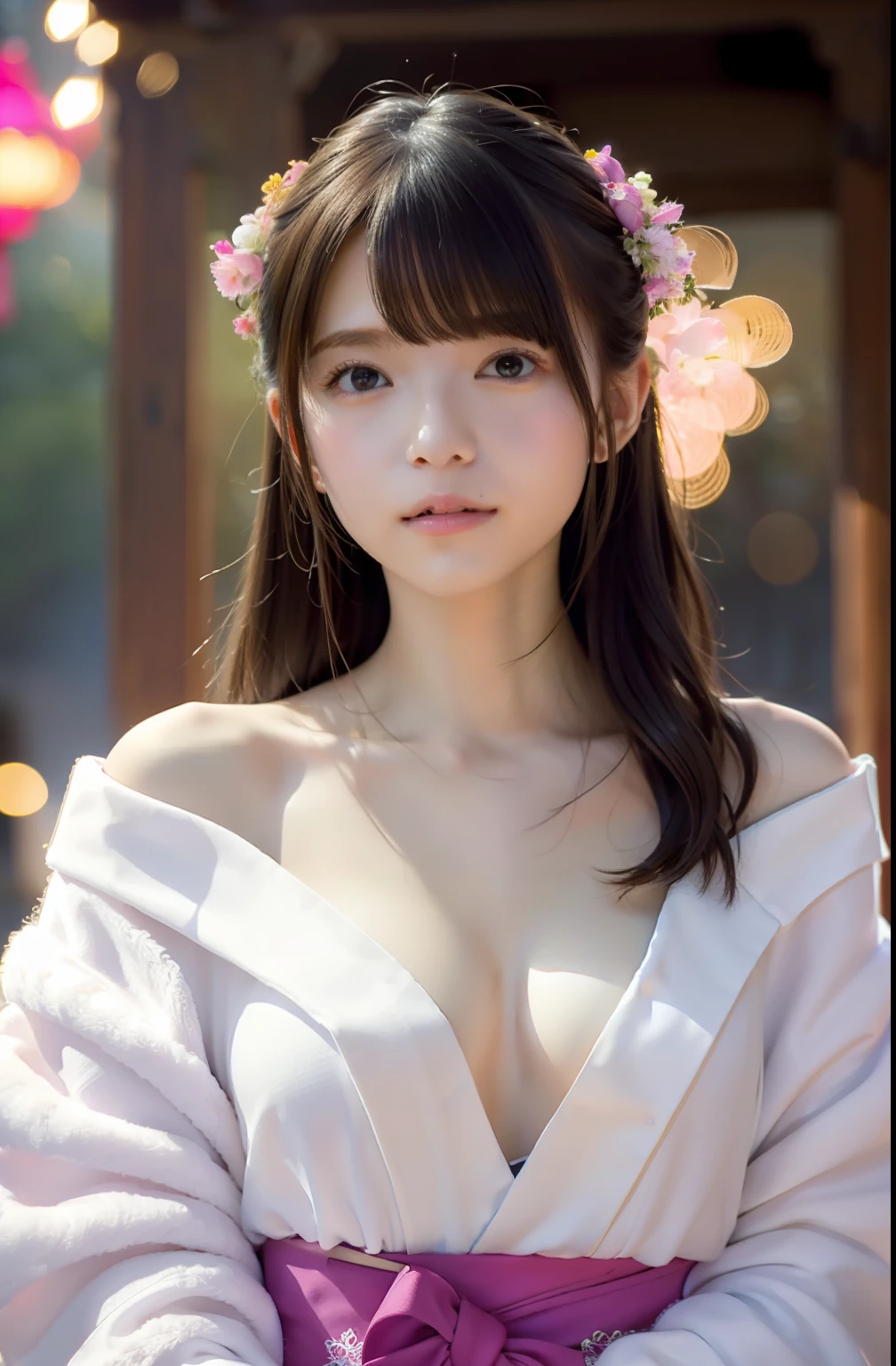 top-quality、Photorealsitic、8K、hight resolution、Perfect litthing、a gorgeous、​masterpiece、realisitic、closeup portrait、
1girl in、piercingeyes、off-the-shoulder sweater、middlebreasts、shorth hair、Look at viewers、kindly smile、Fireworks Festival、bathrobe、Summer Festivals、natta、omatsuri