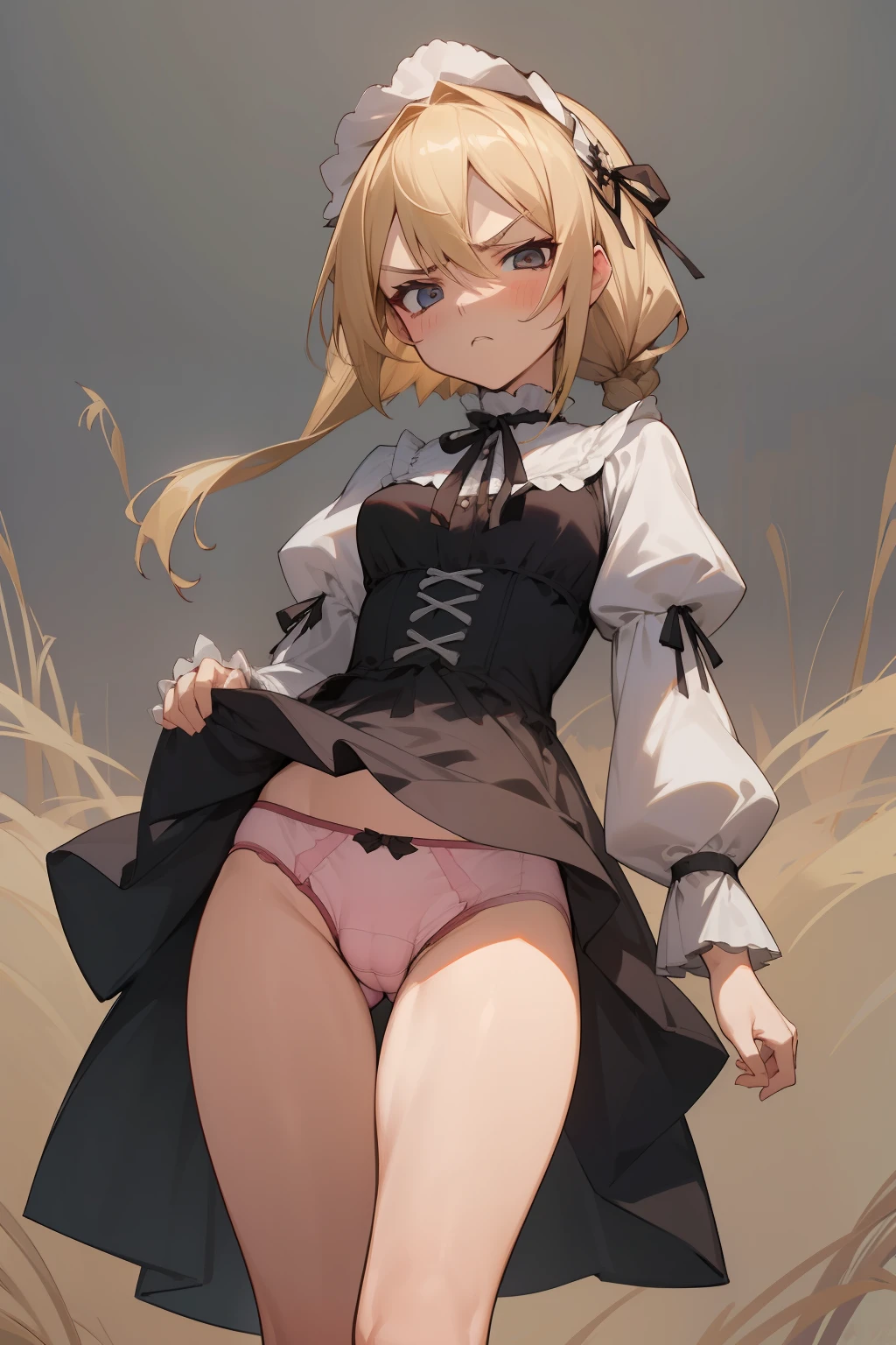 Top quality RAW photos in 32k resolution taken with Canon EOS R3, (frombelow:1.15),(masterpiece、top-quality)、Crotch girl in gothic ta dress, Summer steppe, Short blonde,pink underpants,feeling of disgust, angry looking face,Show off your underwear,Beautiful anime girl showing pants, Anime girls show off their pants,Spread your crotch, thighs thighs thighs thighs!!!, Beautiful fece,white cheeks,, thighs thighs thighs thighs!!!!!!, thigh closeup, Bare thighs!!!,